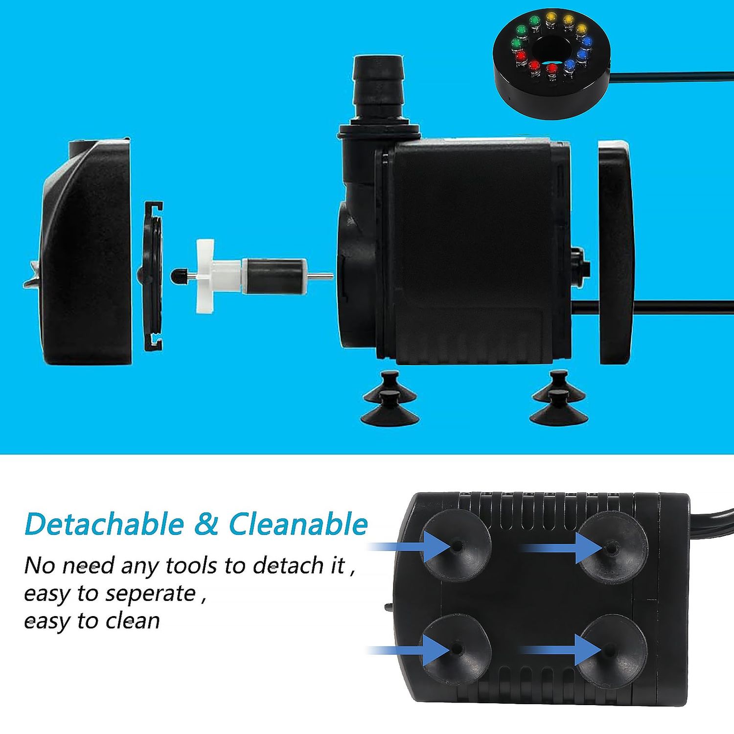 AITIAO 15W 220 GPH Submersible Fountain Water Pump Ultra Quiet Adjustable Pump (800L/H) with 12 Colorful Automatic Color Changing LED Lights for Water Feature Aquarium fish tanks Outdoor Fountain