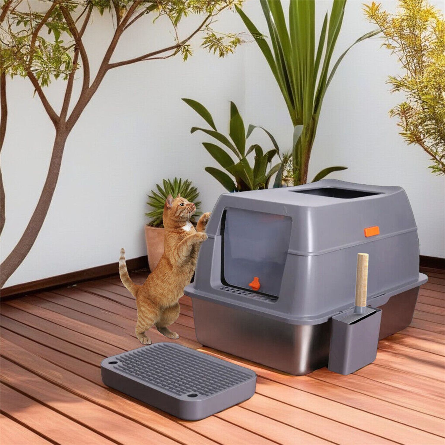 Large Enclosed Cat Litter Pan Easy Cleaning Stainless Steel Cat Toilet Box w Lid