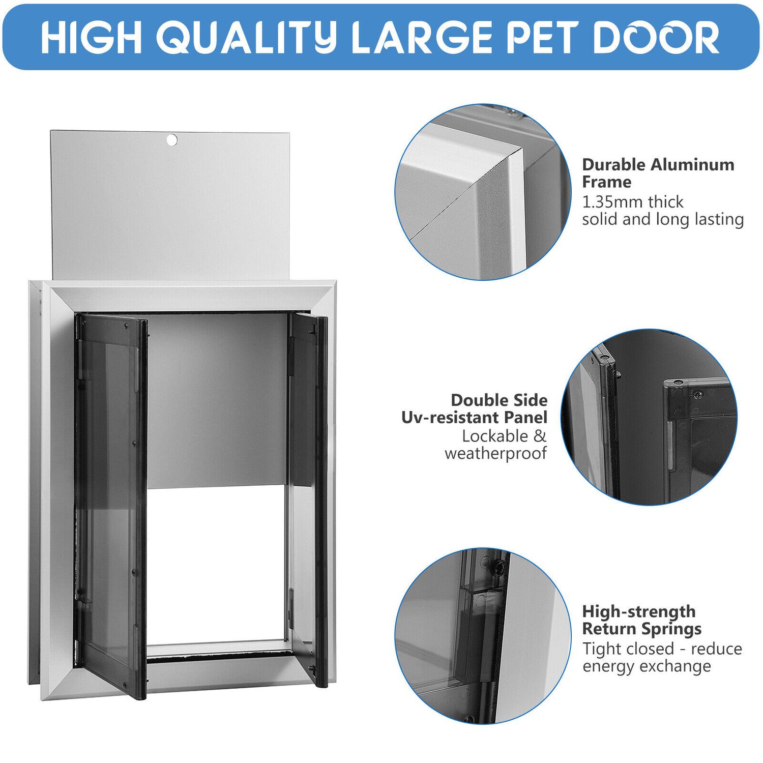 Extra Large Dog Door Aluminum Pet Door Double Panels Automatic Close 16''x21''