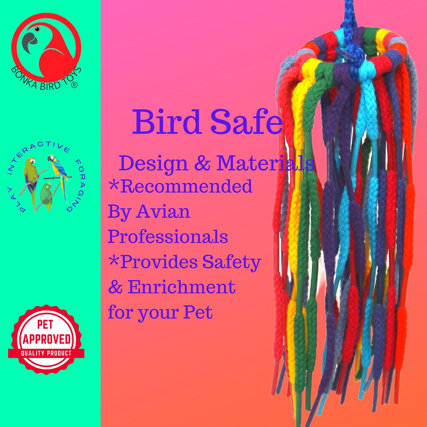 Bonka Bird Toys 51214 Small Aglet Heaven, 11" Hanging Bird Toy, Soft Colorful Cotton Shoelace Ring with Plastic Aglets, Lightweight and Easy to Play with, Safe for Parrots, Parakeets, Cockatiels