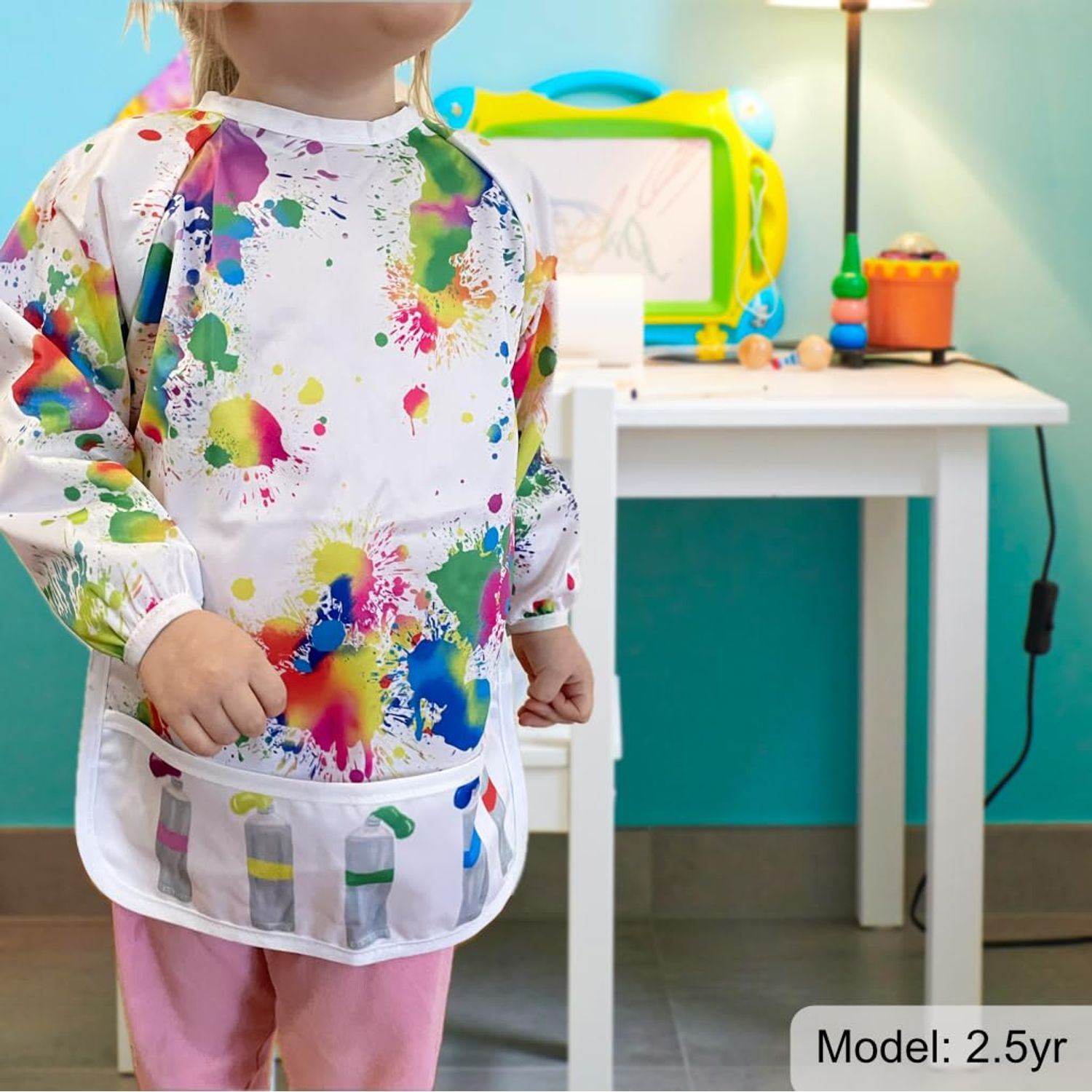Madrona Brands Toddler Art Smock & Baby Bib Fits Kids 1-3 Years | Full Sleeve Waterproof Crafts Cover, Paint Apron