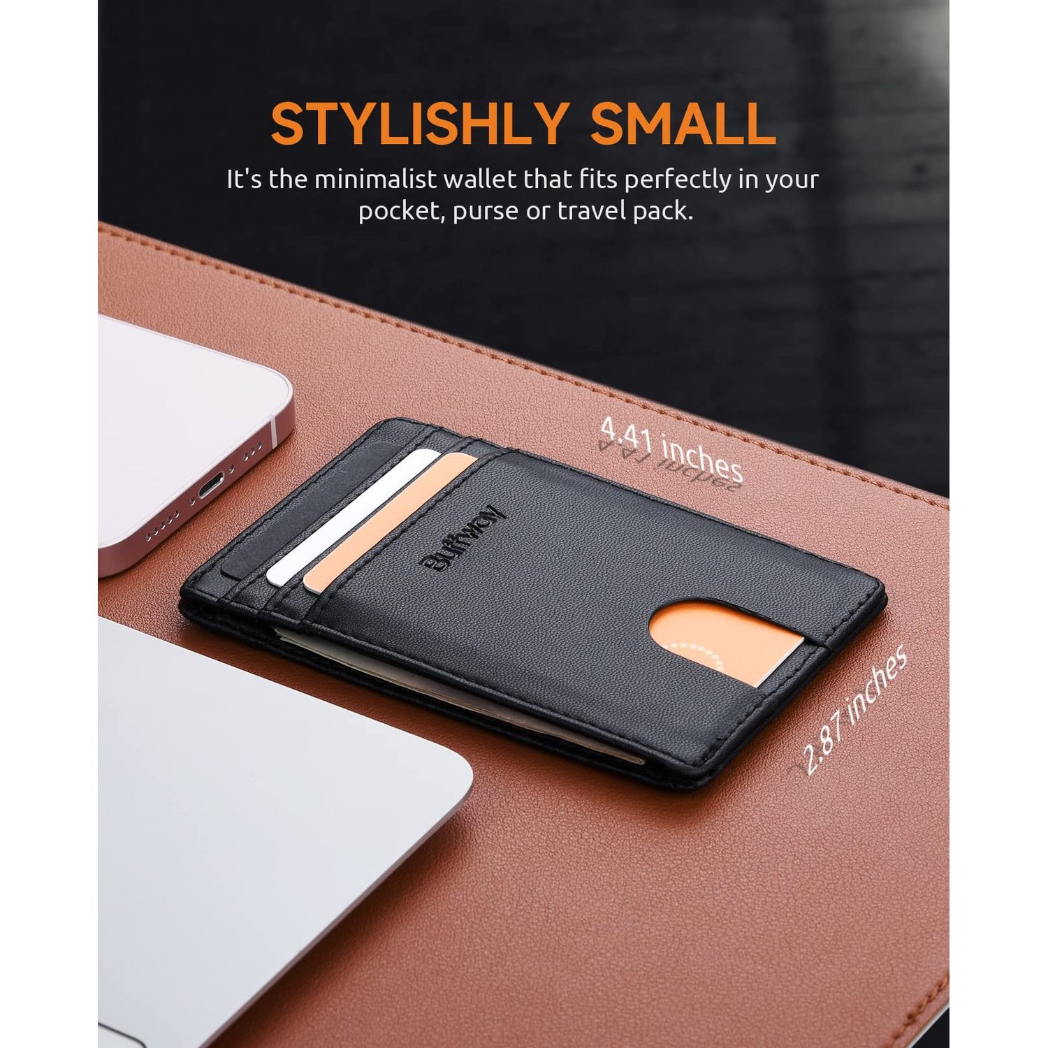 Buffway Mens Slim Wallet, Minimalist Thin Front Pocket Leather Credit Card Holder with RFID Blocking for Work Travel - Boston Black