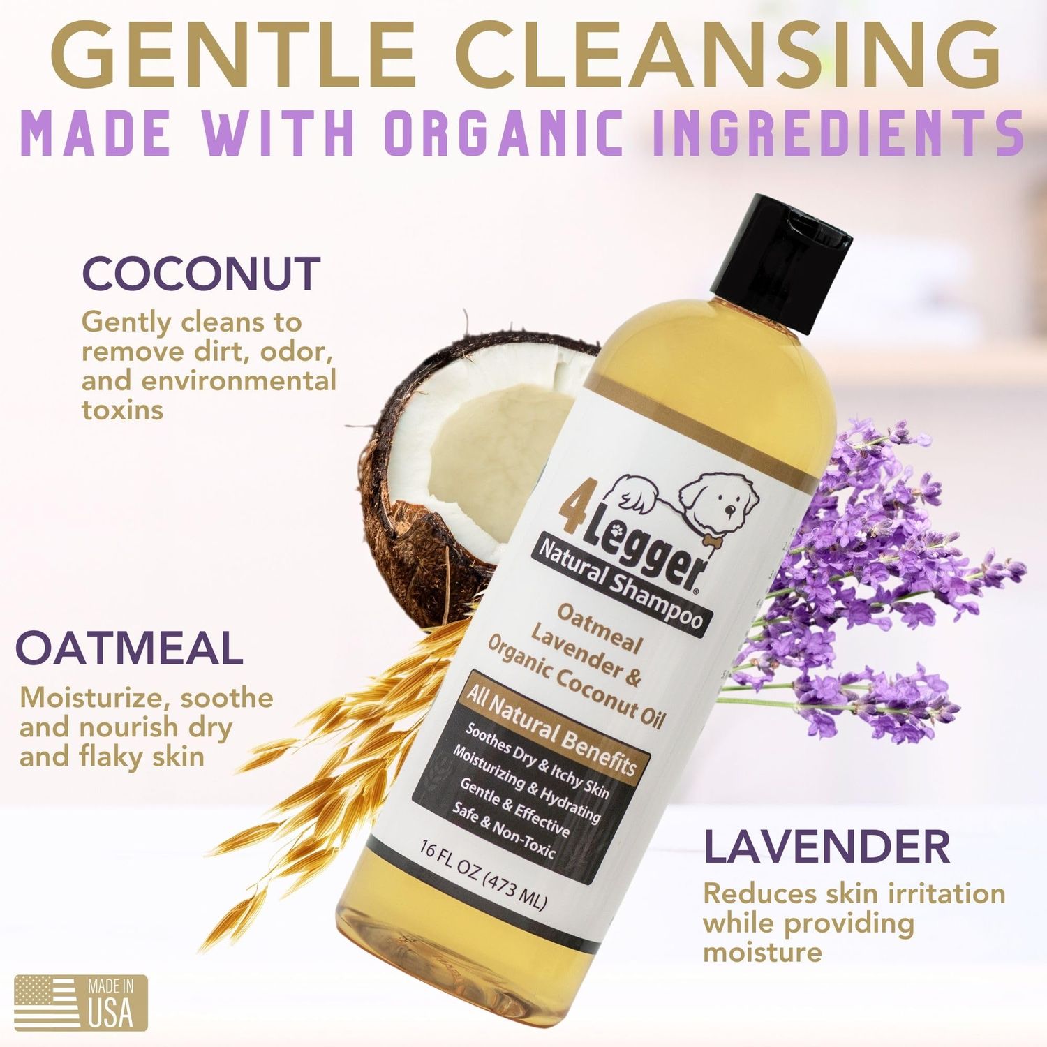 4Legger All Natural Organic Oatmeal Dog Shampoo for Itchy Skin with Aloe, Coconut & Lavender Essential Oil, Hypoallergenic, Moisturizing for Normal, Dry, Itchy, or Sensitive Skin, USA Made, 16 oz