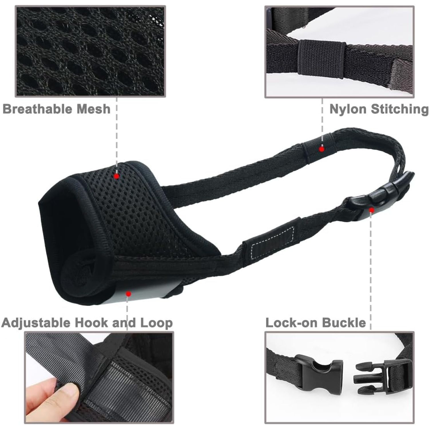 LUCKYPAW Dog Muzzle Anti Biting Fierce Barking and Chewing with Comfortable Mesh Soft Fabric and Adjustable Strap, Suitable for Small, Medium and Large Dogs(Red Trim,XS)