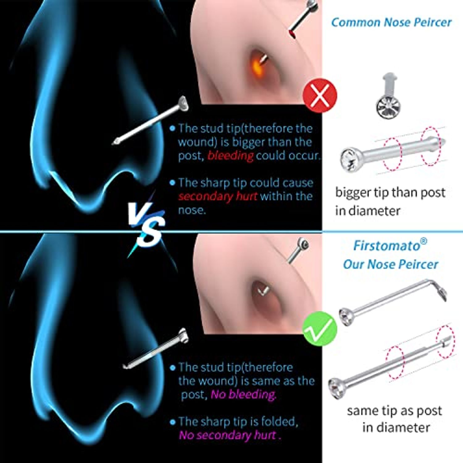 Firstomato 2 Pack Self Use Nose Piercing Gun Safe Nose Piercing Kit Tool Painless and Allergy Free Nose Piercer with Hypoallergenic Nose Studs