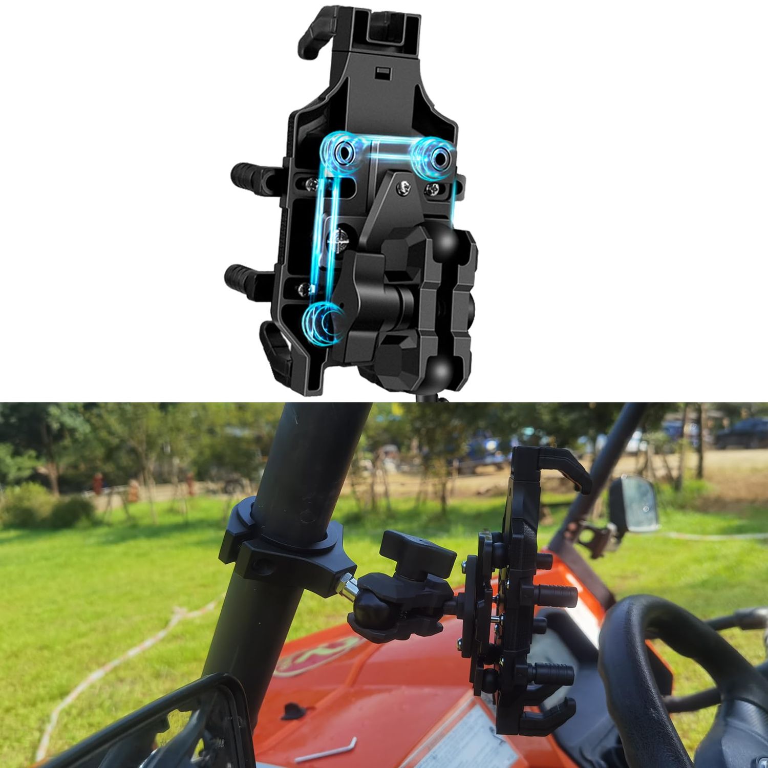 UTV Phone Mount with Shock-Absorbing Cushion Module, Suitable for 1.5-2-in Roll Bar. The UTV Phone Holder Allows for a 720° Rotation at Any Angle,Can Be Easily Installed and Removed with One Hand.
