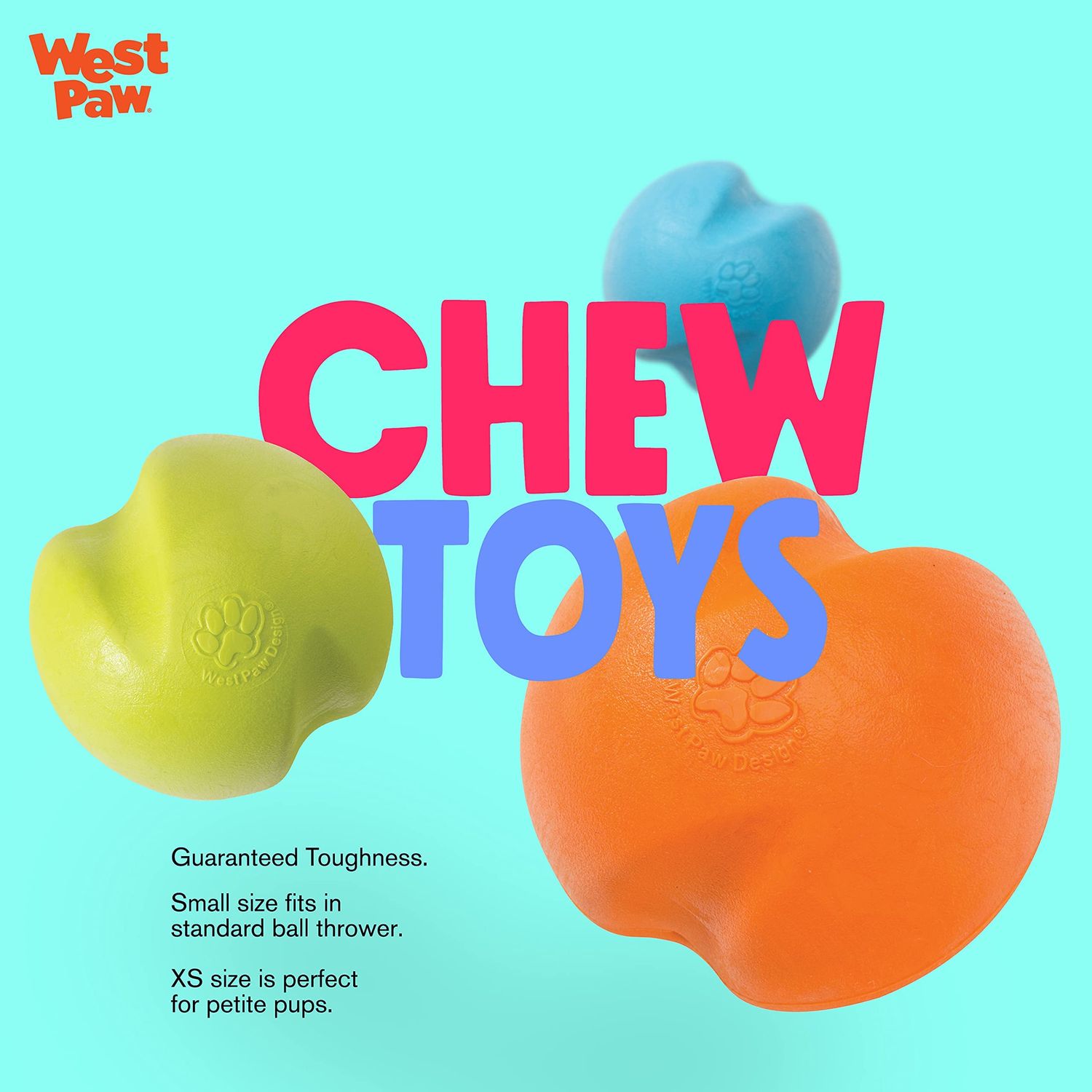 WEST PAW Zogoflex Jive Ball Dog Chew Toy – Bouncing Toys for Dogs, Fetch, Catch, Chewing, Play – Floatable, Recyclable Balls – Latex-Free, Non-Toxic, Dishwasher Safe Dog Toy, X-Small 2", Aqua Blue