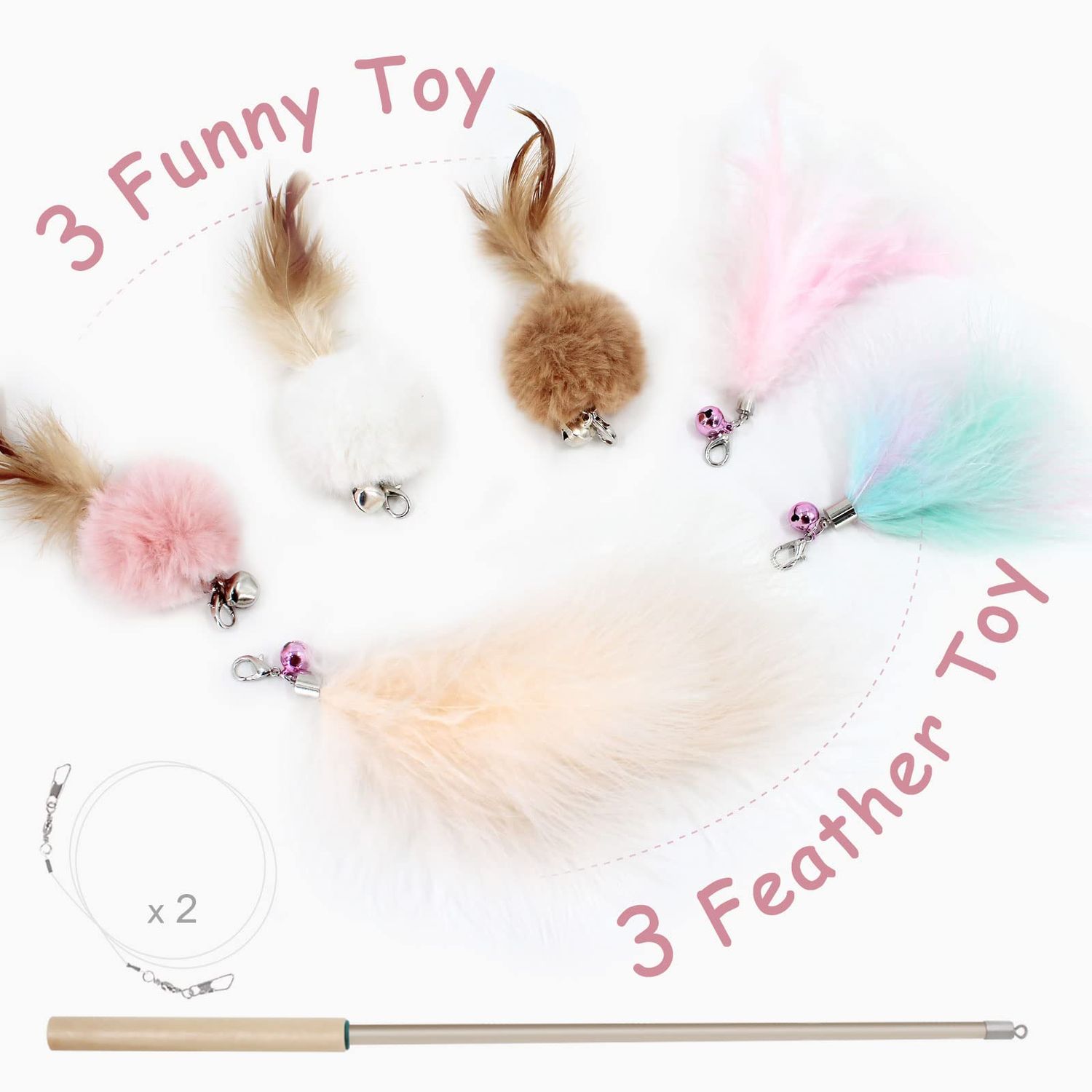 SONGWAY Cat Interactive Feather Toys - 7 PCS Cat Toys Set for Indoor Cats, Retractable Cat Wand Toy, Cat Feather Toys with Bell,Replaceable Cat Feather Tail Toy, Kitten Toy Gift, Pink