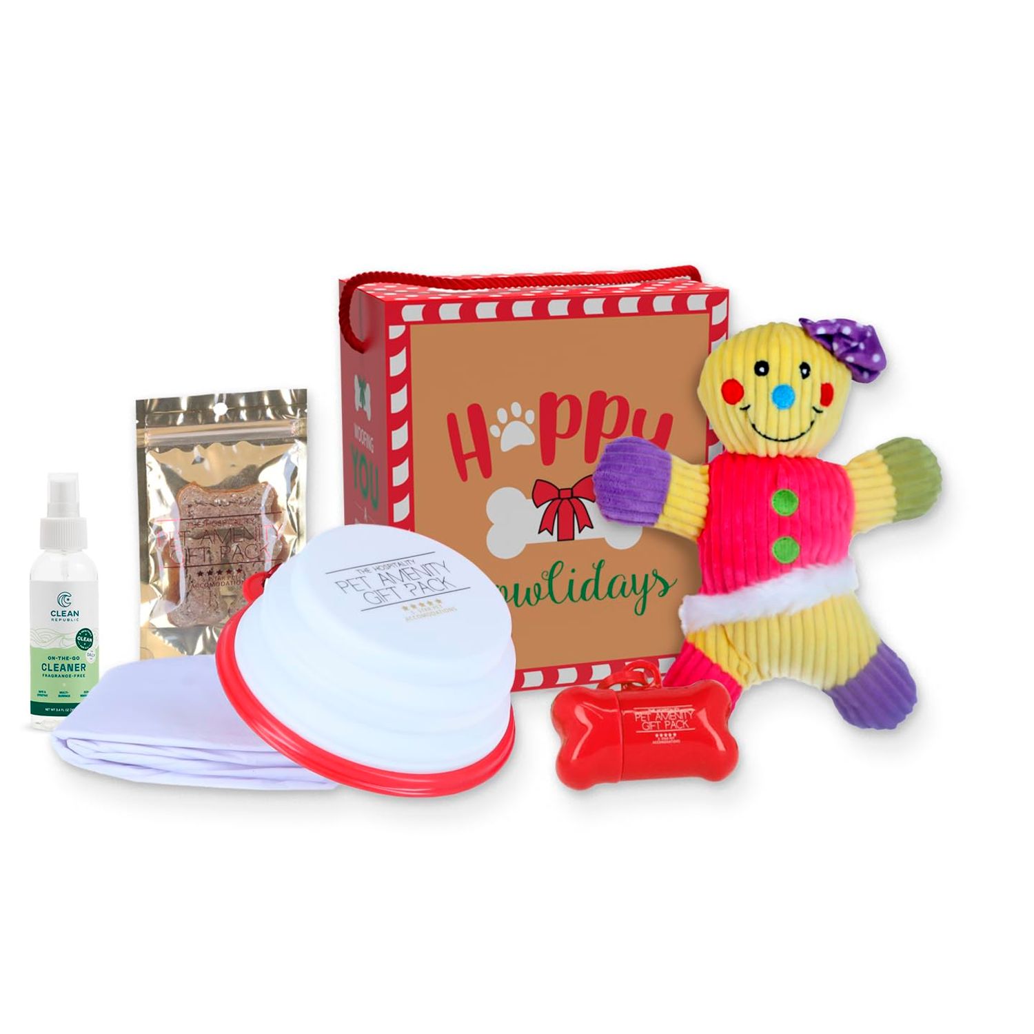 Clean Republic Dog Gift Pack - Gingerbread Holiday - with Treats, Accessories & Care Essentials - Pet Care Bundle with Baked Snacks, Travel Bowl, Waste Bags & Pee Pad - Dog Toys & Supplies