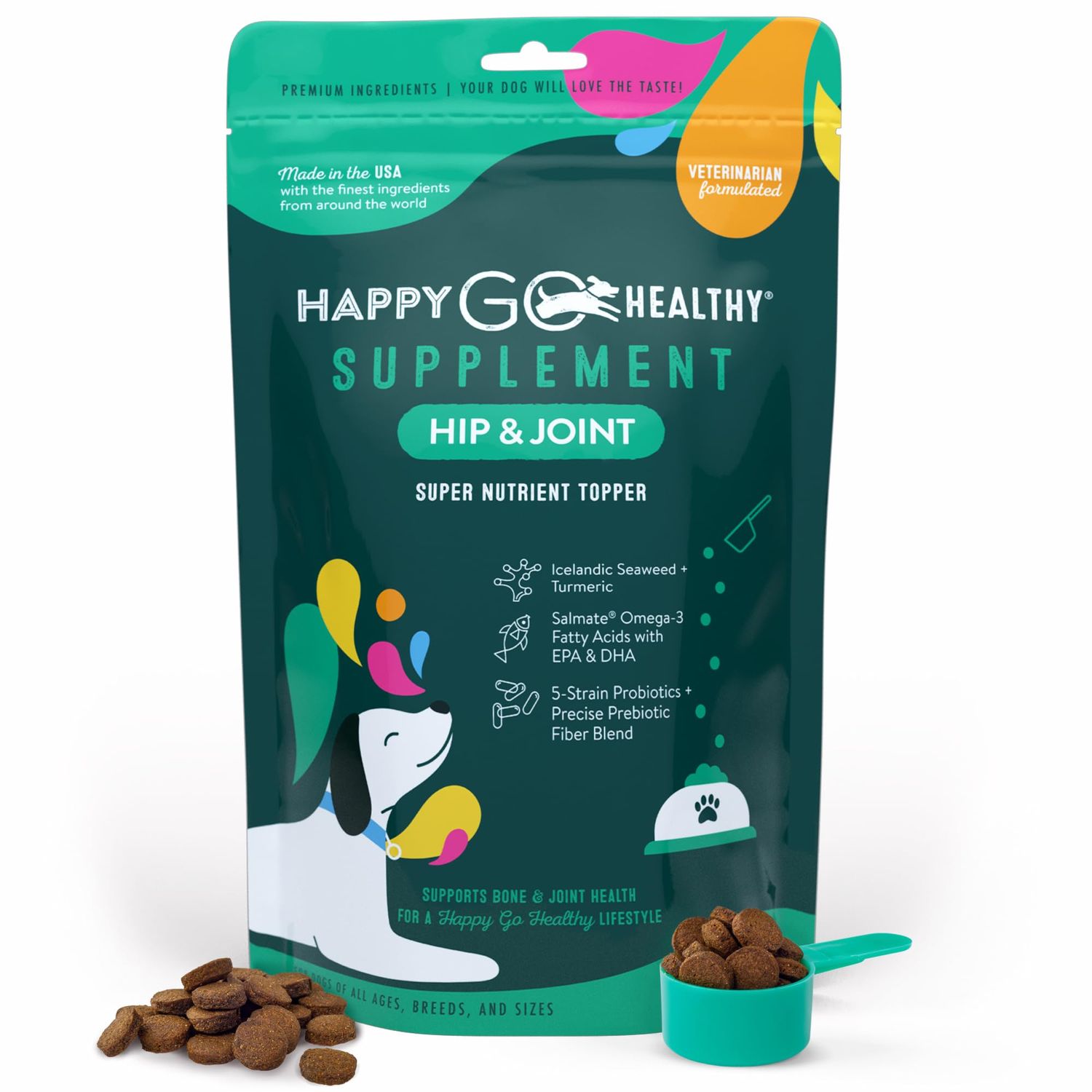 Happy Go Healthy Hip & Joint Supplements for Dogs | Helps Joint Health & Mobility Support for Recovering and Senior Dogs | Natural Ingredients, Tasty Kibble Dog Food Topper | 60-Count Pack