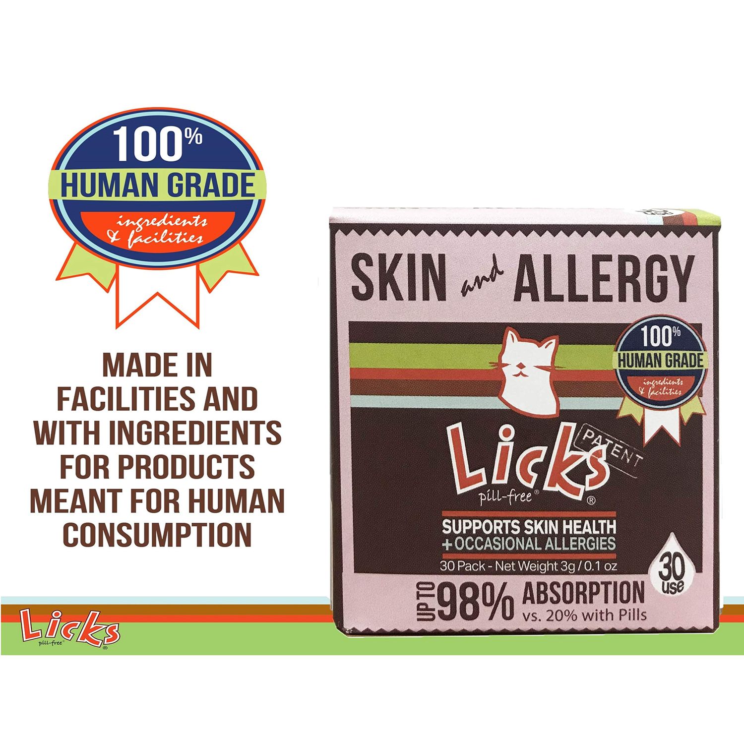 Licks Pill-Free Cat Skin & Allergy - Omega 3 Allergy Relief - Cat Vitamins & Supplements for Itchy Skin - Turmeric Supplement - Gel Packets - 30 Use