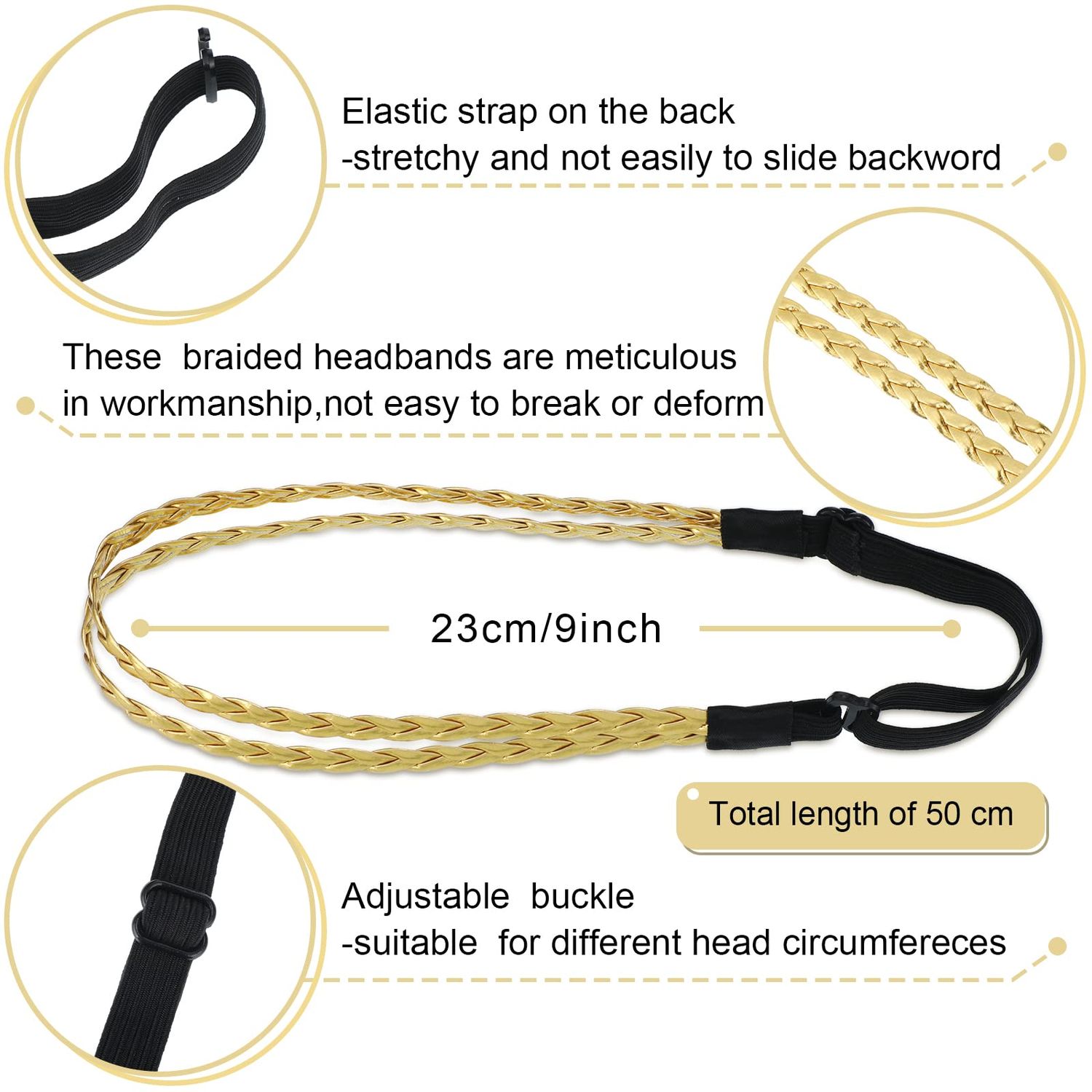 6 Pieces Elastic Braided Headbands No Slip Adjustable Headbands Stretchy Headbands for Women Strand Headband Plaited Hair Band Hippie Hair Accessory for Girl (Double Triple Strand, Mixed Material)