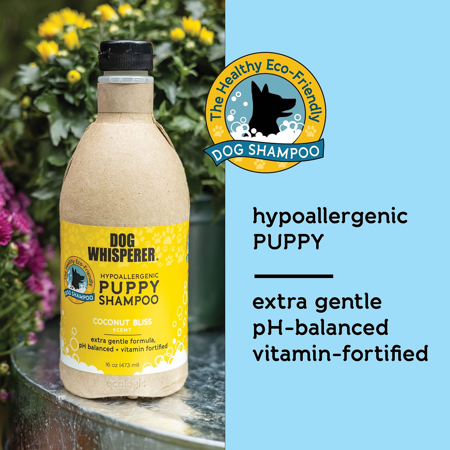 Dog Whisperer Hypoallergenic Puppy Shampoo by YAYA Organics | Gently Cleanses and Moisturizes with Organic Aloe Vera | Healthy + Eco-Friendly Formula with Coconut Bliss Scent | 16 oz
