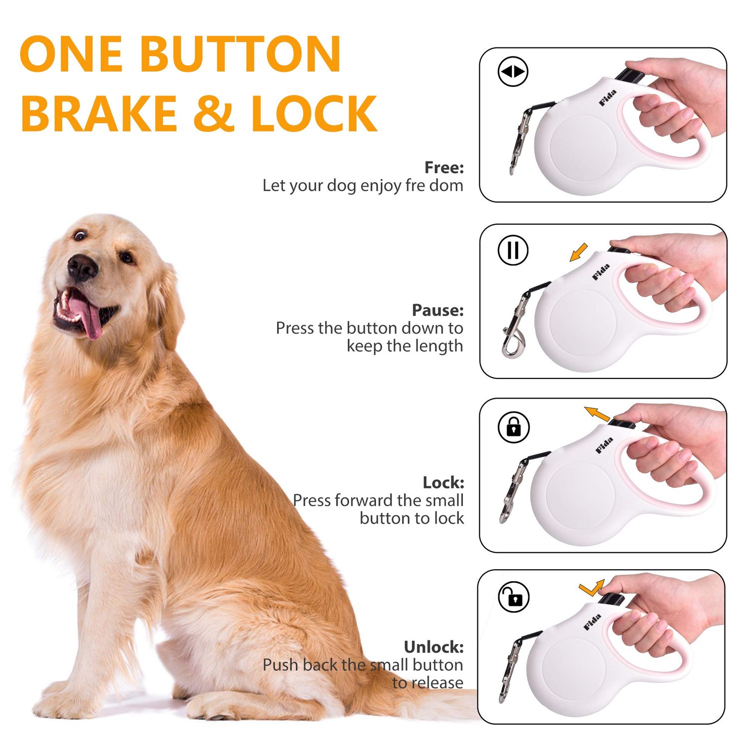 Fida Retractable Dog Leash with Dispenser and Poop Bags, 16 ft Pet Walking Leash for Medium Dog or Cat up to 44 lbs, Anti-Slip Handle, Tangle Free, Reflective Nylon Tape (M, White)