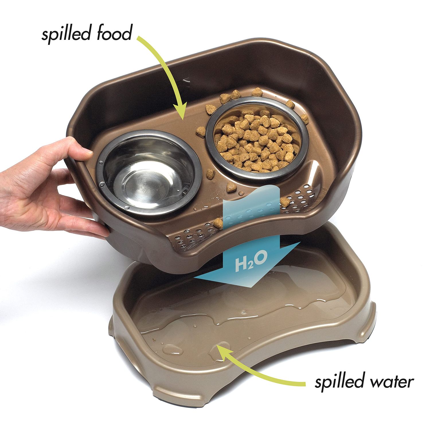 Neater Feeder - Deluxe Model - Mess-Proof Cat Bowls (Cat, Bronze) - Made in USA - Elevated, No Spill, Non-Tip, Non-Slip, Raised Stainless Steel Food & Water Pet Bowls
