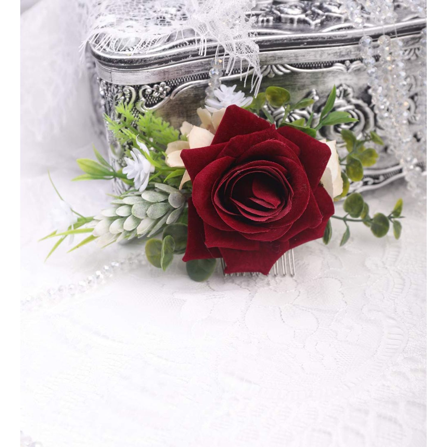 Anglacesmade Bridal Flower Hair Comb Burgundy Dark Red Rose Cream Daisy Eucalyptus Greenery Headpiece for Rustic Wedding Photo Shoot Prom Party Festival