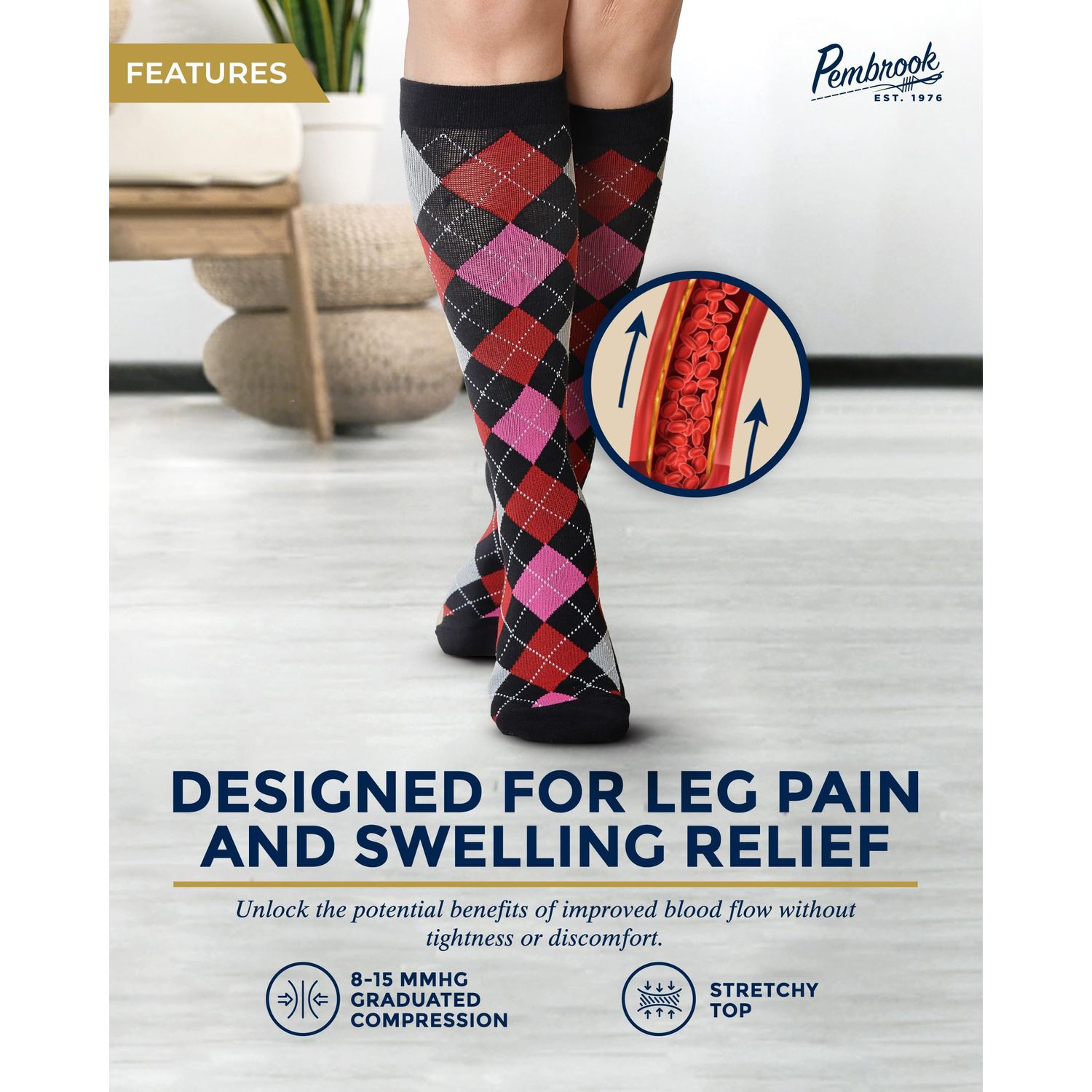Pembrook Light Socks - 6 Pairs for Women; Argyle, Striped Cotton Socks - 8-15 mmHg Compression