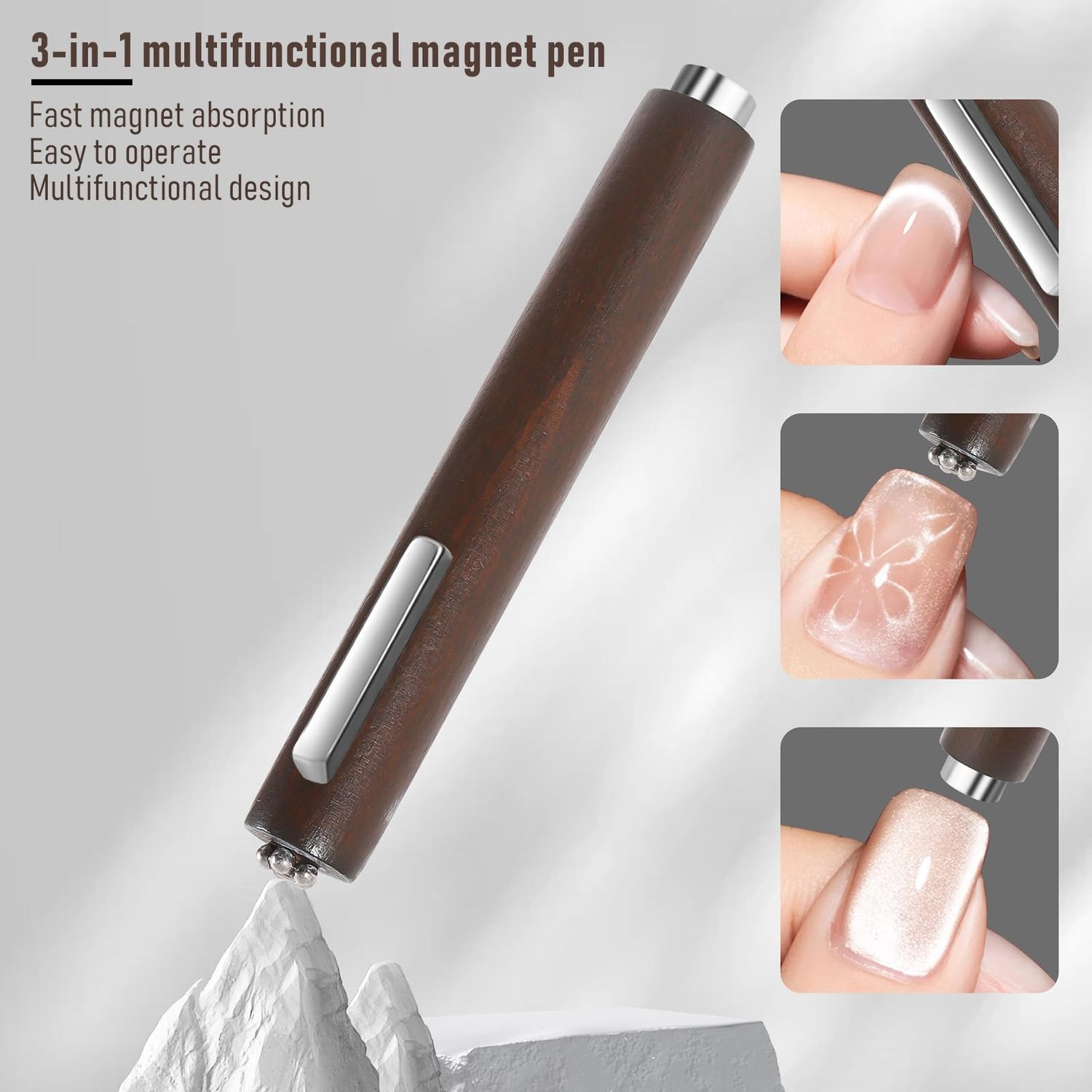 XEAOHESY 2 Pieces Cat Eye Magnet for Nails Double-Ended Iridescent Cylindrical Strong Nail Magnet Brown 3-in-1 Nail Art Magnet Tool for Cat Eye Gel Nail Polish