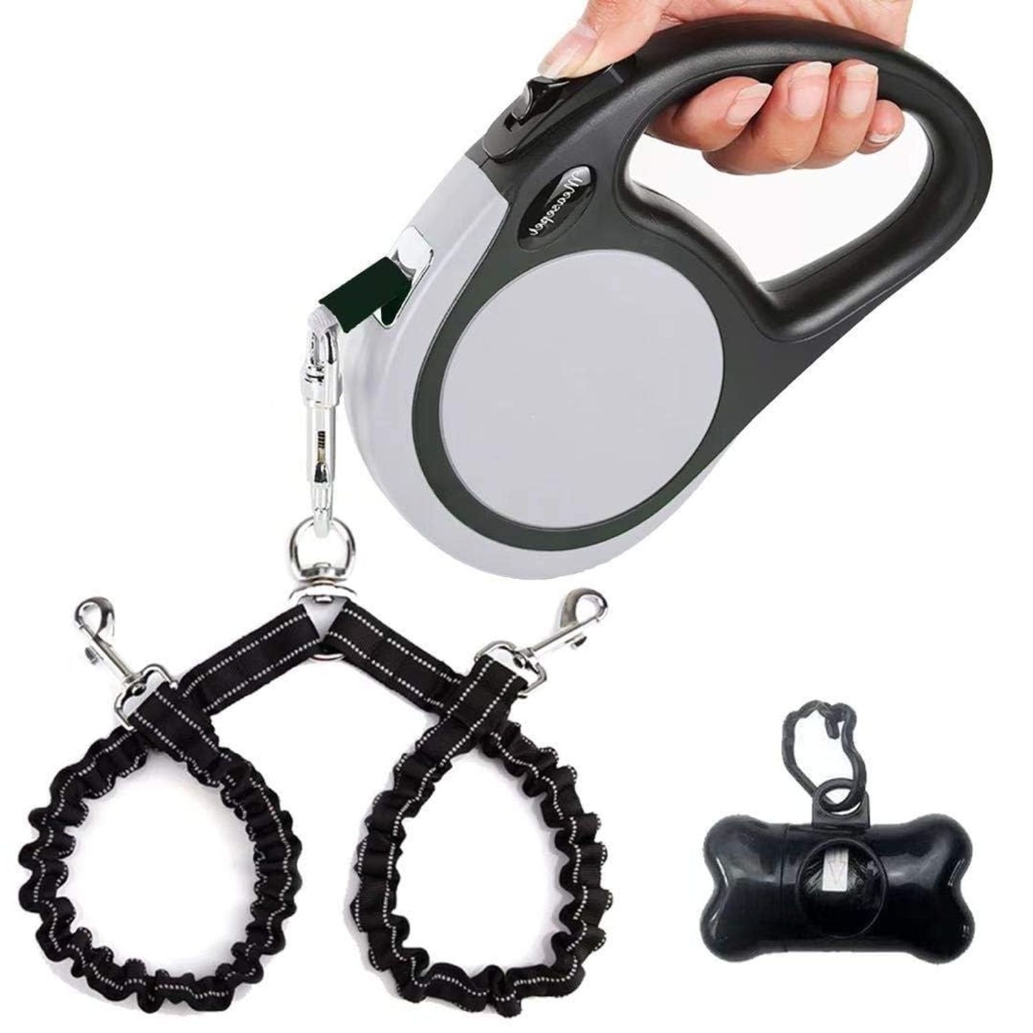 Dual Retractable Dog Leash for 2 Large Dogs (Up to 110 Lbs Each) - Double Headed 16 ft Extendable Pet Leash with Poop Bags, Non Slip Grip - One Button Break & Lock, 360 Tangle-Free (Gray, Large)