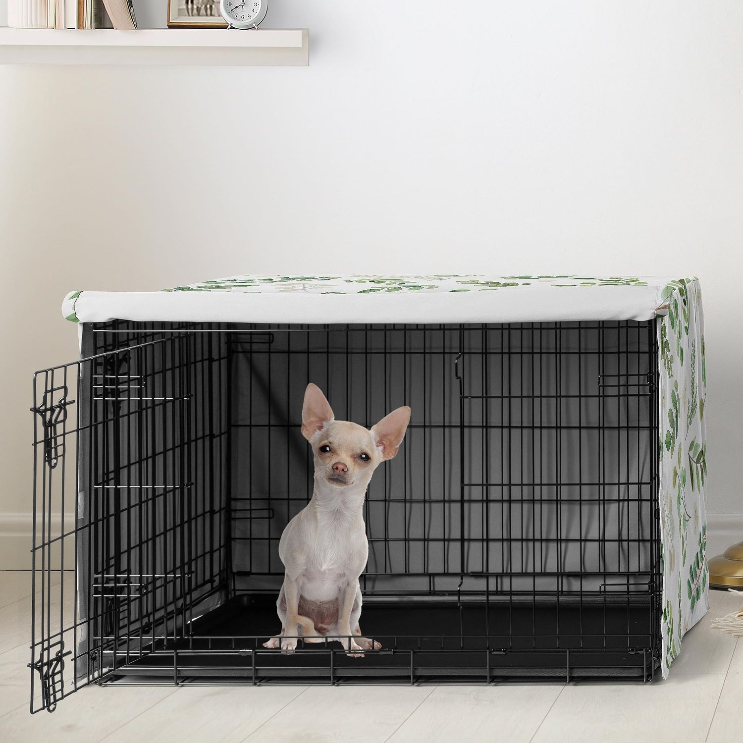 Sweet Jojo Designs Green Boho Floral Leaf Dog Crate Cover – Kennel Covers for 24 Inch Pet Cage Small - Neutral Sage White Bohemian Watercolor Botanical Flower Woodland Tropical Garden Nature