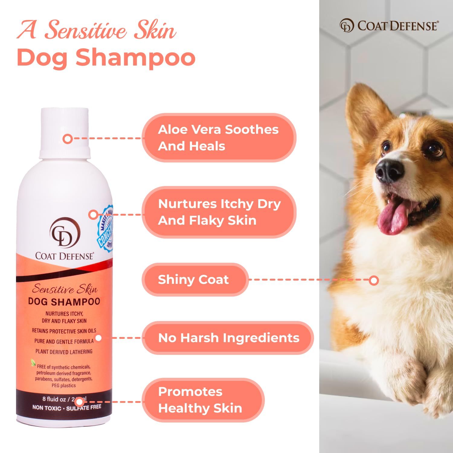 COAT DEFENSE Sensitive Dogs Shampoo | Made in USA | All-Natural Hypoallergenic - Soothes and Relieves Itchy & Dry Skin | 8 Ounces Concentrated Makes 32 Ounces