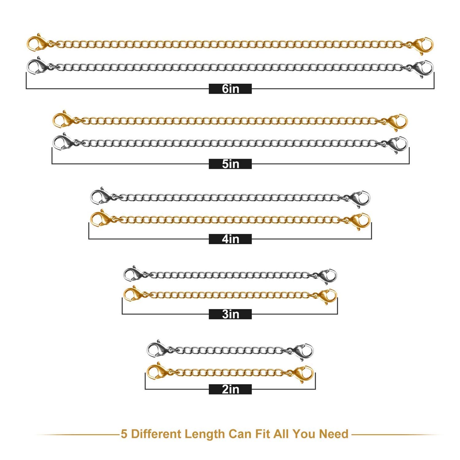 Necklace Extenders, 10Pcs Stainless Steel Gold Silver Necklace Bracelet Anklet Extension Chains with Lobster Clasps and Closures for Jewelry Making