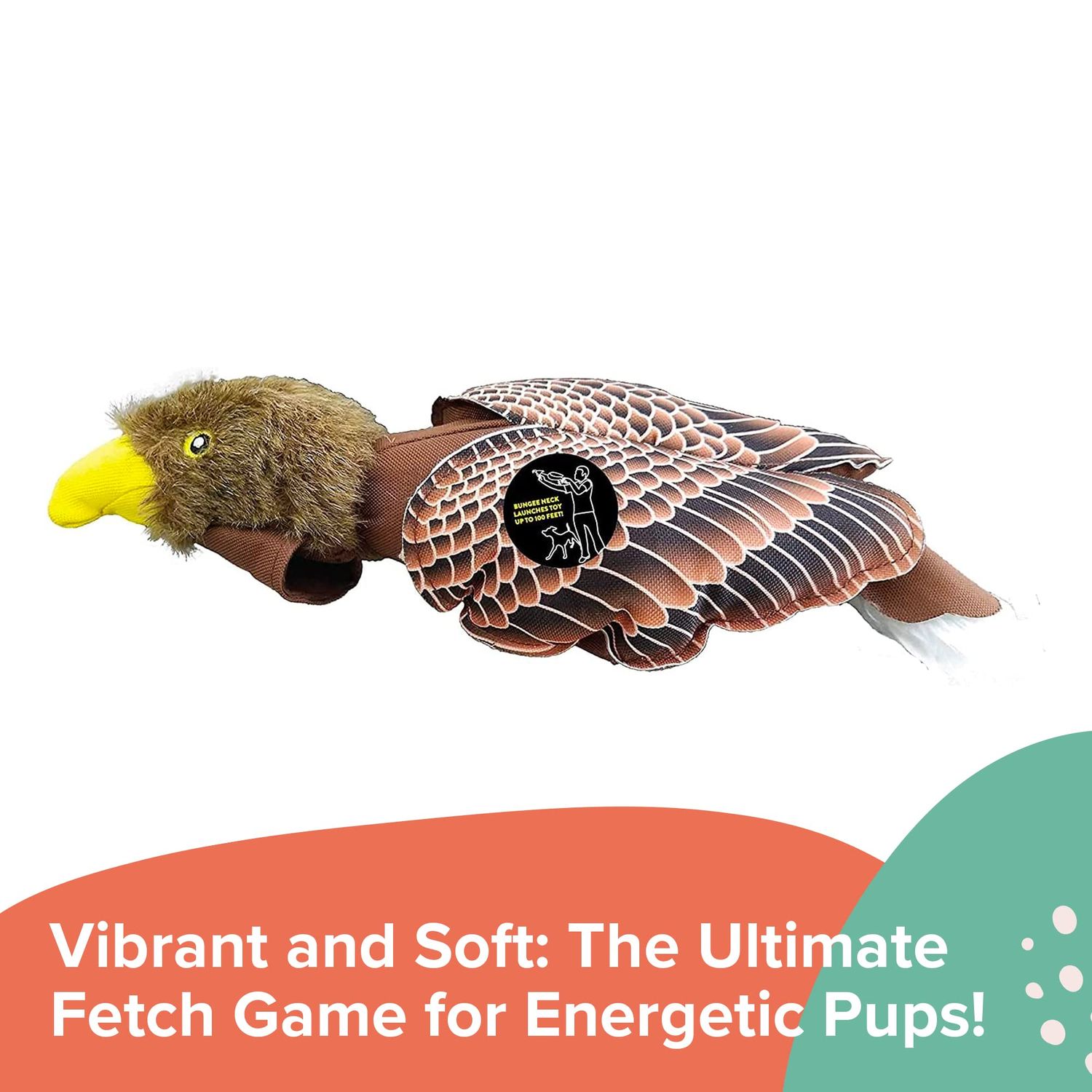 Spunky pup Fly & Fetch Plush Eagle Dog Toy | Interactive 100 ft Sling Shot Launcher with Built-In Bungee | Pull Back & Release | Durable Construction | Ballistic Fabric | Floats | For Medium Breeds