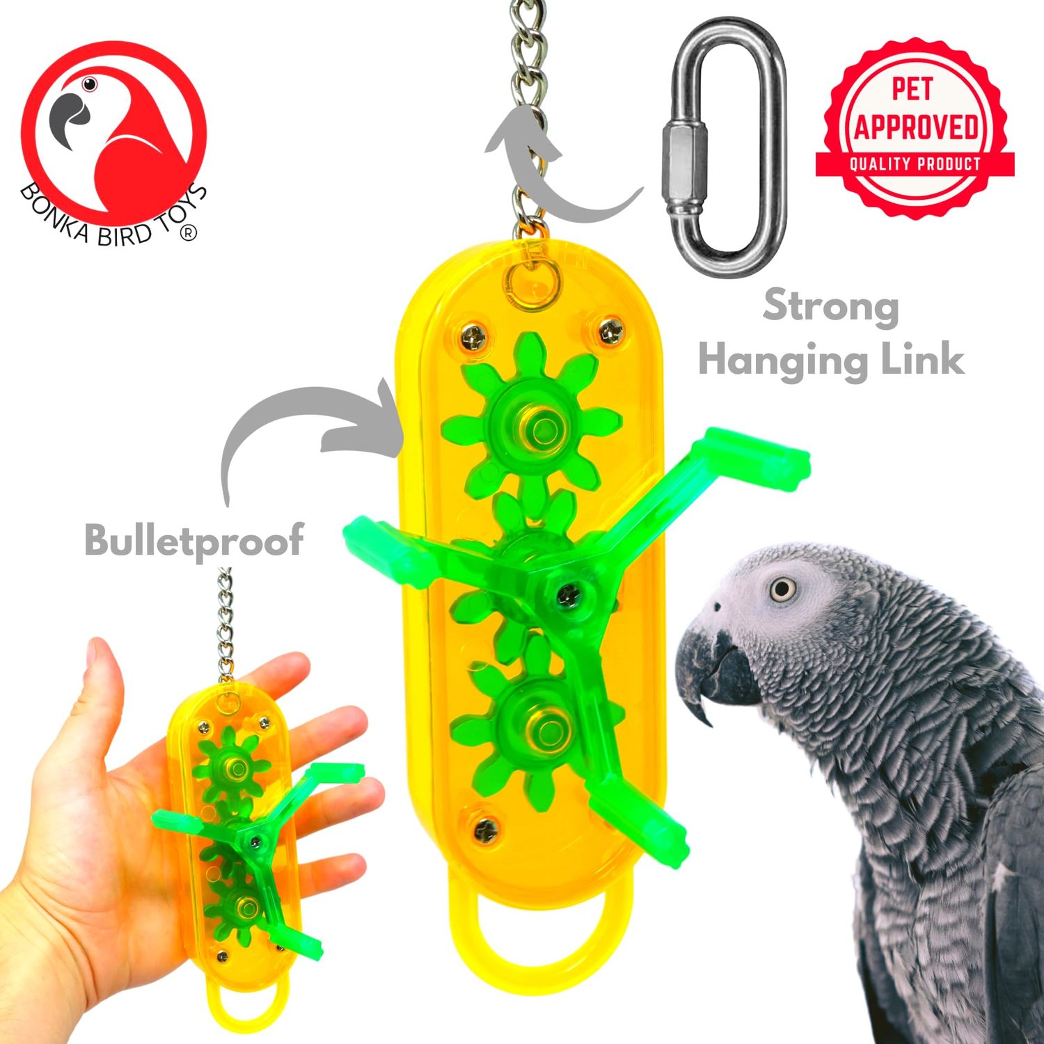 Bonka Bird Toys 0044 - Small Gearhead Mechanical Puzzle Toy (12" x 3") - Bulletproof Fun for Ringnecks, Pionus, Quakers, and Similar Sized Birds