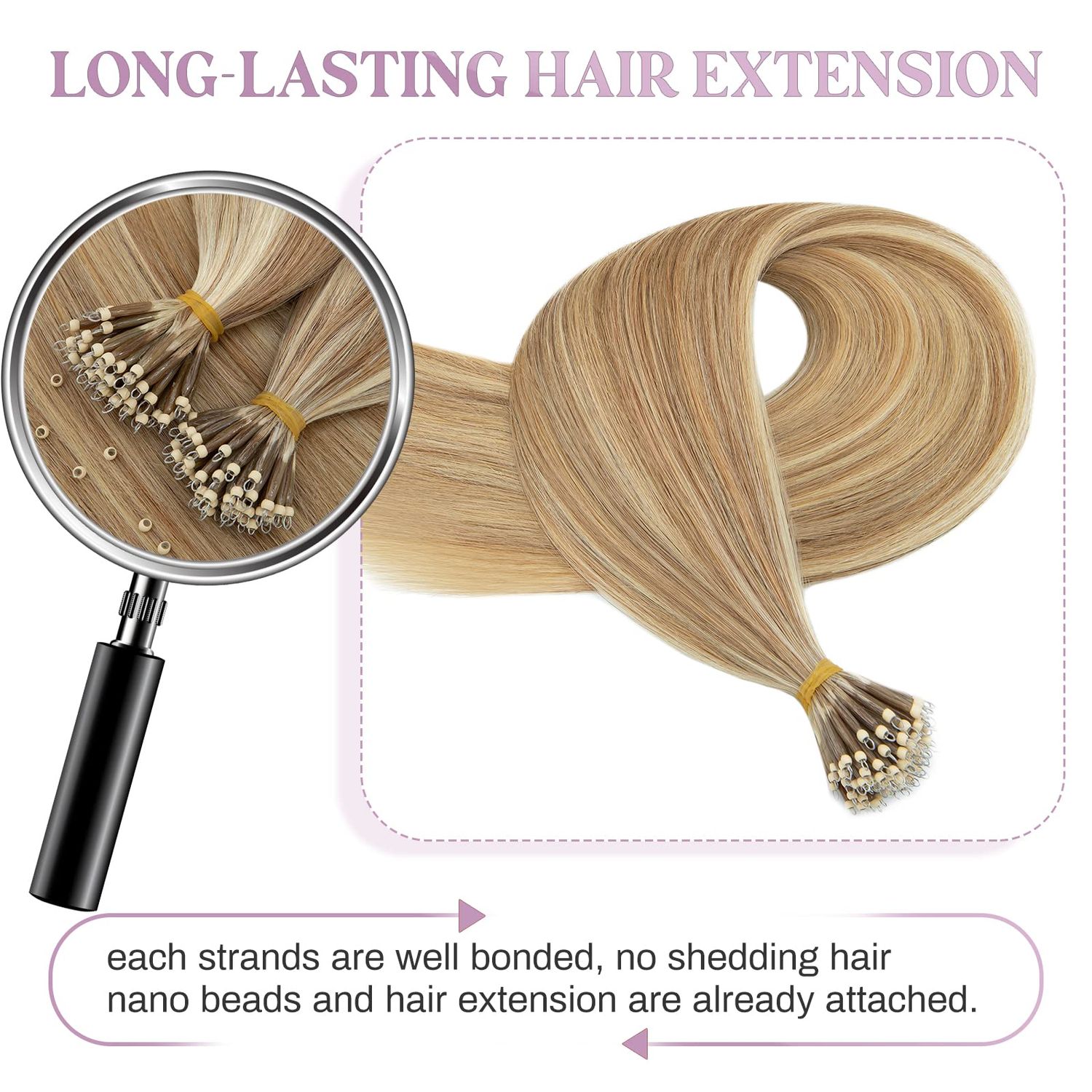 MY-LADY Nano Bead Hair Extensions Human Hair Invisible Nano Ring Hair Extensions Pre Bonded Cold Fushion Natural Nano Tips Extensions 50 Strands 50g 24 Inch #12P613 Golden Brown&Bleach Blonde