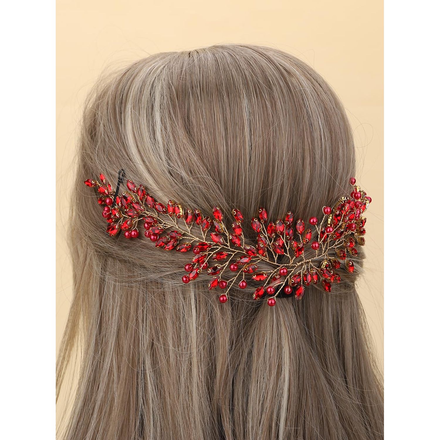 JWICOS Crystal Bridal Headpiece Wedding Headband for Brides Pearl Hair Vine Rhinestone Hair Accessories for Women (Red)