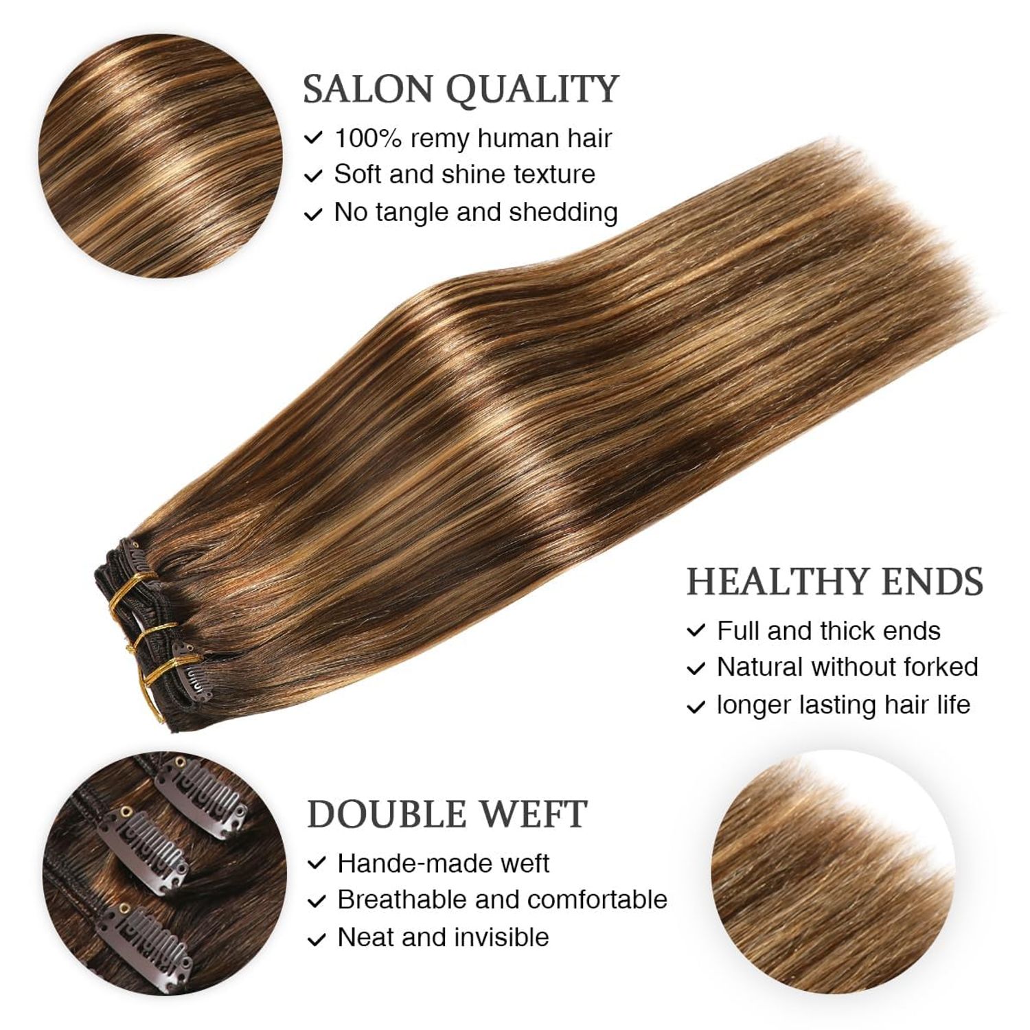 ORIGEN Clip in Hair Extensions Real Remy Human Hair Chocolate Brown to Caramel Blonde Highlights Straight Hair for Women 7pcs 120g 22 Inches