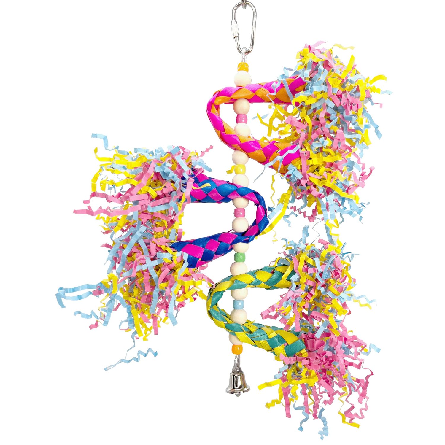 1092 Finger Trap Twister - Handmade shreddable Hanging Bird cage Toy, Colorful Bamboo Finger Traps, Crinkle Paper Chunks, Natural Wood Beads and Colorful Plastic Beads, Delightful Beak and feet Fun
