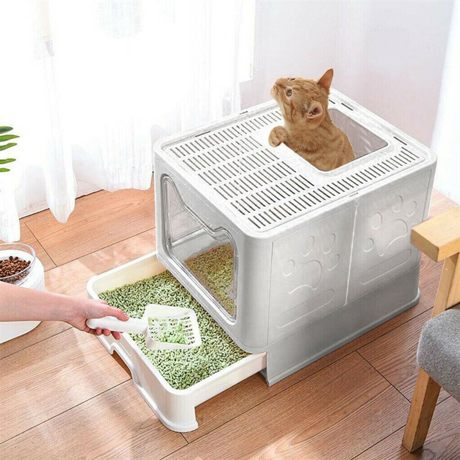 Large Cat Litter Box Top &Front Entry Automatic Pet Toilet House Kitty Scoop Pan