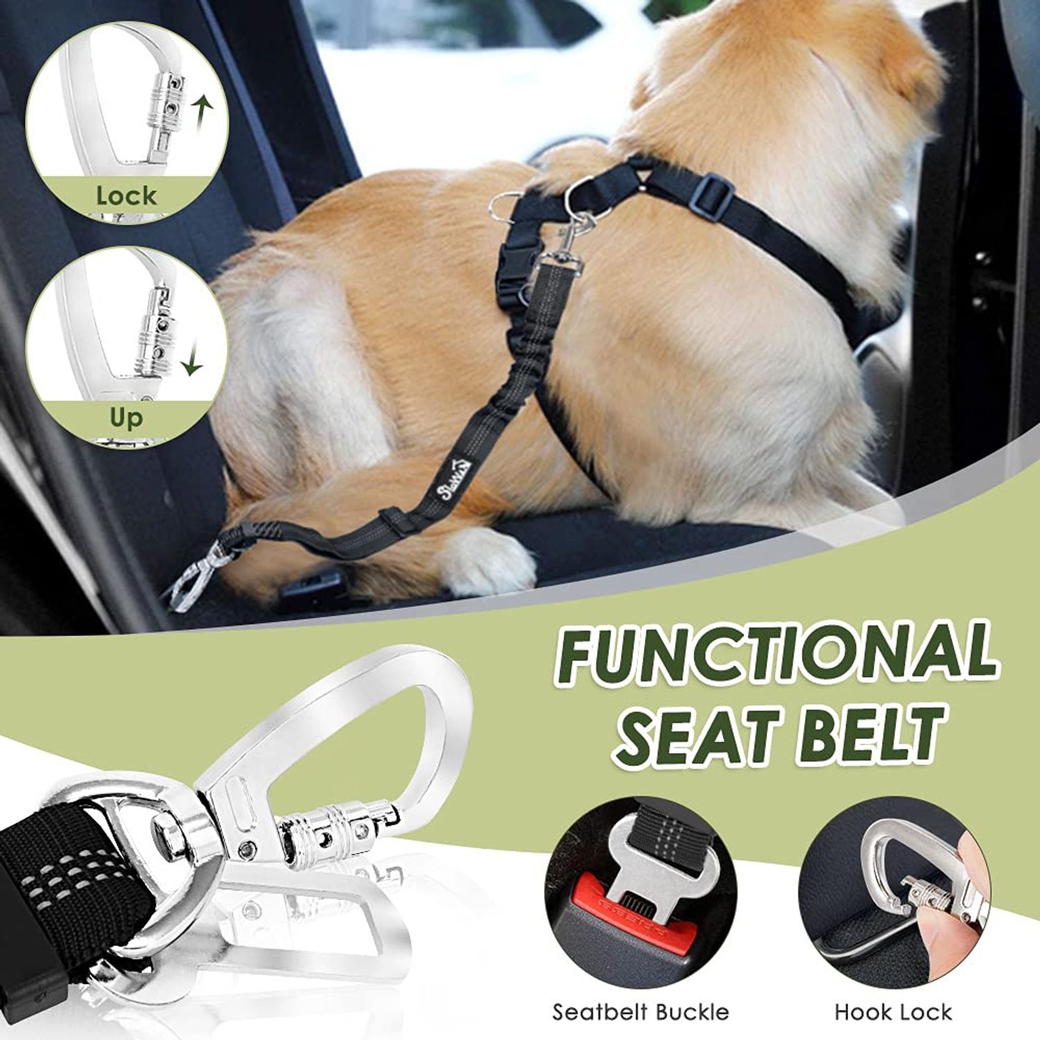 SlowTon Dog Seat Belt Car Harness Set - Adjustable Dog Seatbelt with Carabiner for Most Cars, Breathable Dog Vest Harness Padded with Car Safety Leash for Small Medium Large Dogs Puppy Cats(Black L)