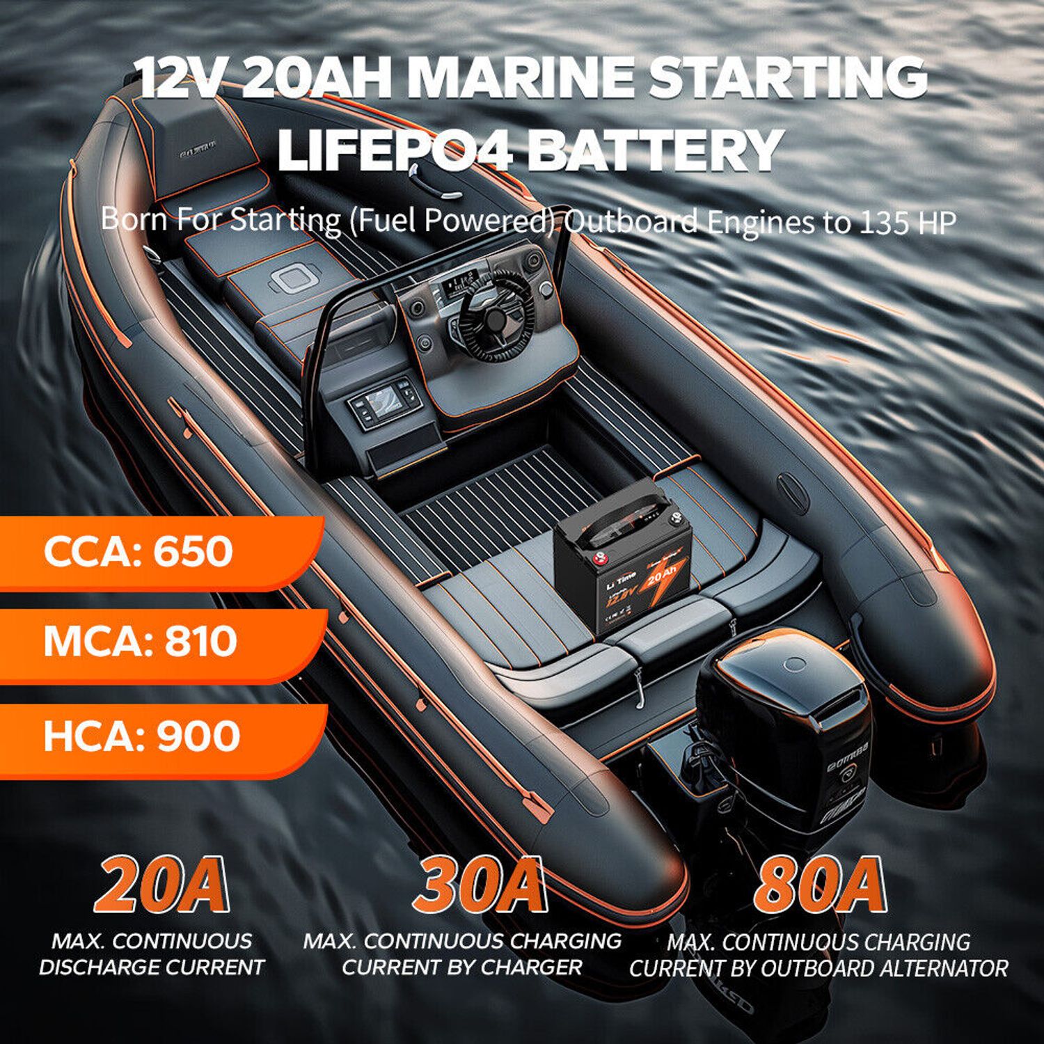 LiTime 12V 20Ah 650 CCA LiFePO4 Starting Battery For Outboard Motor Lawn Mower