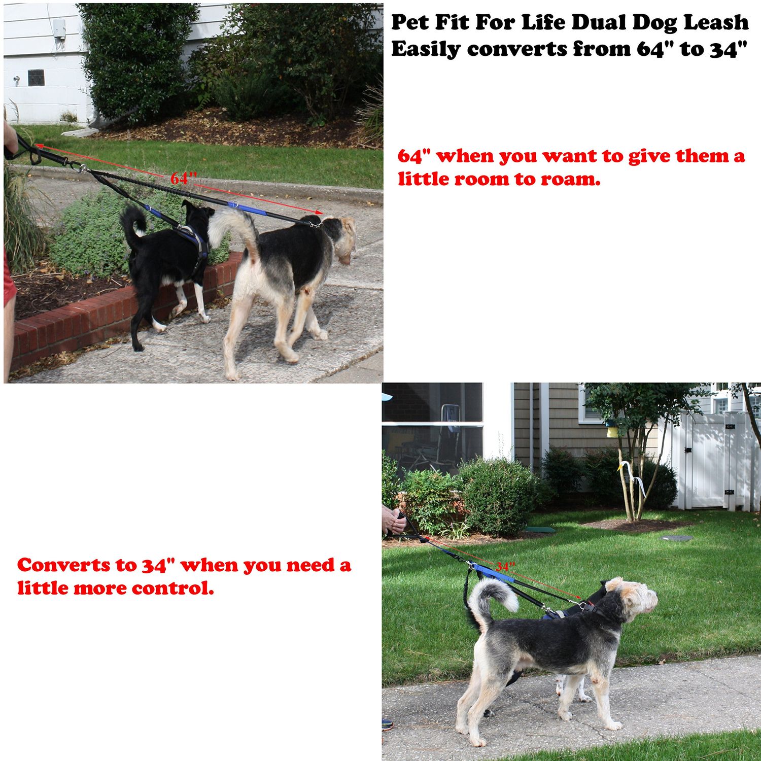 Pet Fit For Life 64" Premium Two Dog Leash: Premium Double Leash for Dogs, Provides Control and Comfort - Durable Foam Rubber Handle, Shock Absorbing Cord - Includes Bonus Collapsible Water Bowl