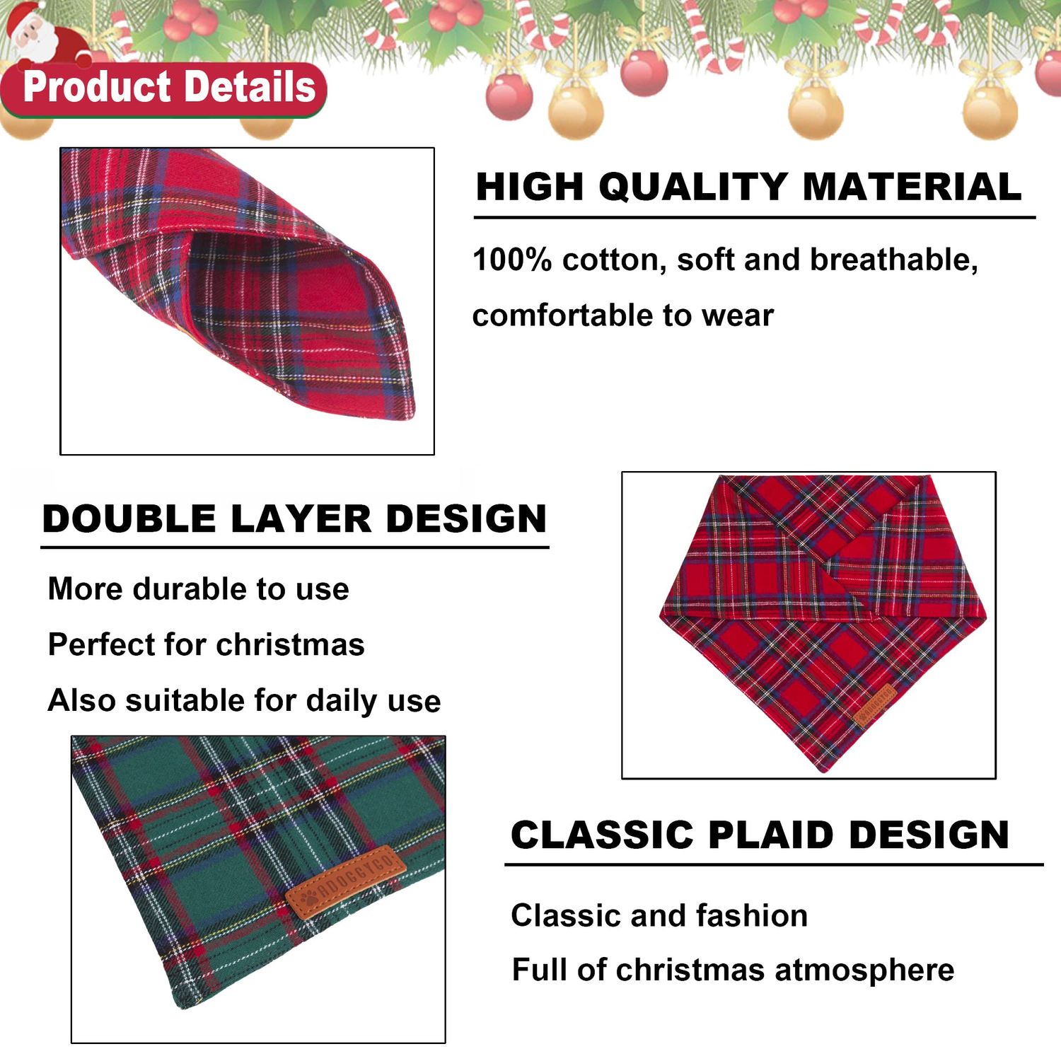 ADOGGYGO Christmas Dog Bandana 2 Pack, Stylish Plaid Dog Scarf, Premium Cotton Fabric, Multiple Sizes Offered, Christmas Bandanas for Medium Large Dogs Pets (Large, Christmas)