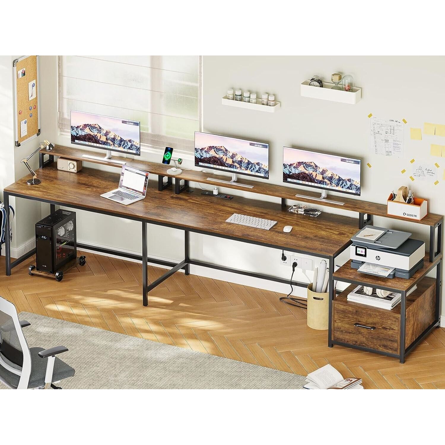 L Shaped Computer Desk with Led Light, 66" Home Office Desk with Power Outlet
