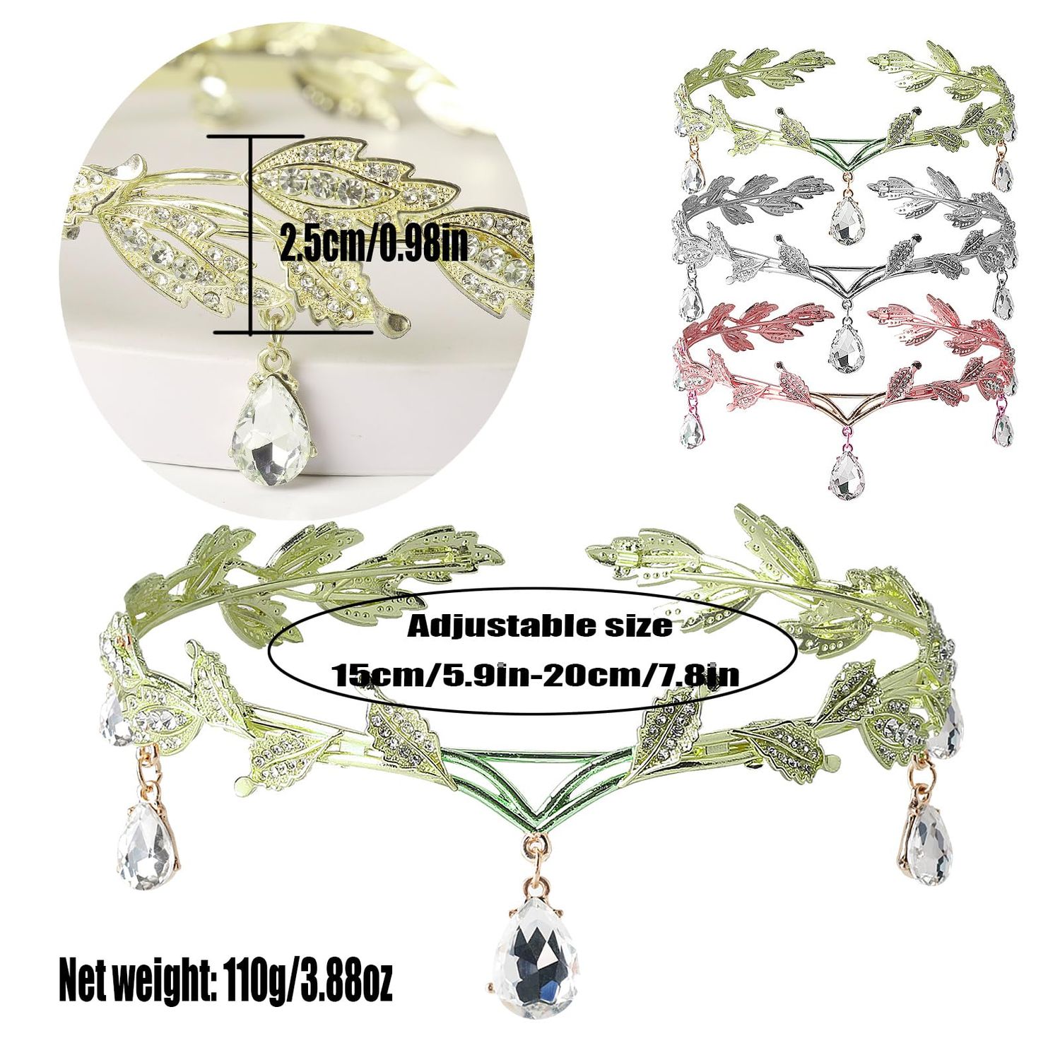 DS Rhinestone Wedding Tiara Crown for Brides, Goddess elf Princess Fairy Crystal Pendent Headband Leaf Cosplay Crown for women girls Hair Accessory for Brides Pageant Wedding Prom Birthday-Silver 2