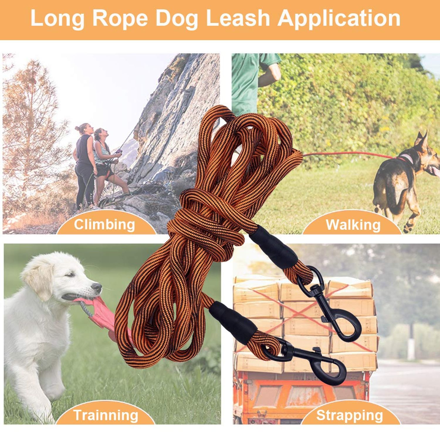 BTINESFUL Tie-Out Check Cord Long Rope Dog Leash, 8ft 12ft 20ft 30ft 50ft Recall Training Lead Leash- Great for Large Medium Small Dogs Training, Playing, Camping, or Backyard (20ft, Orange Black)