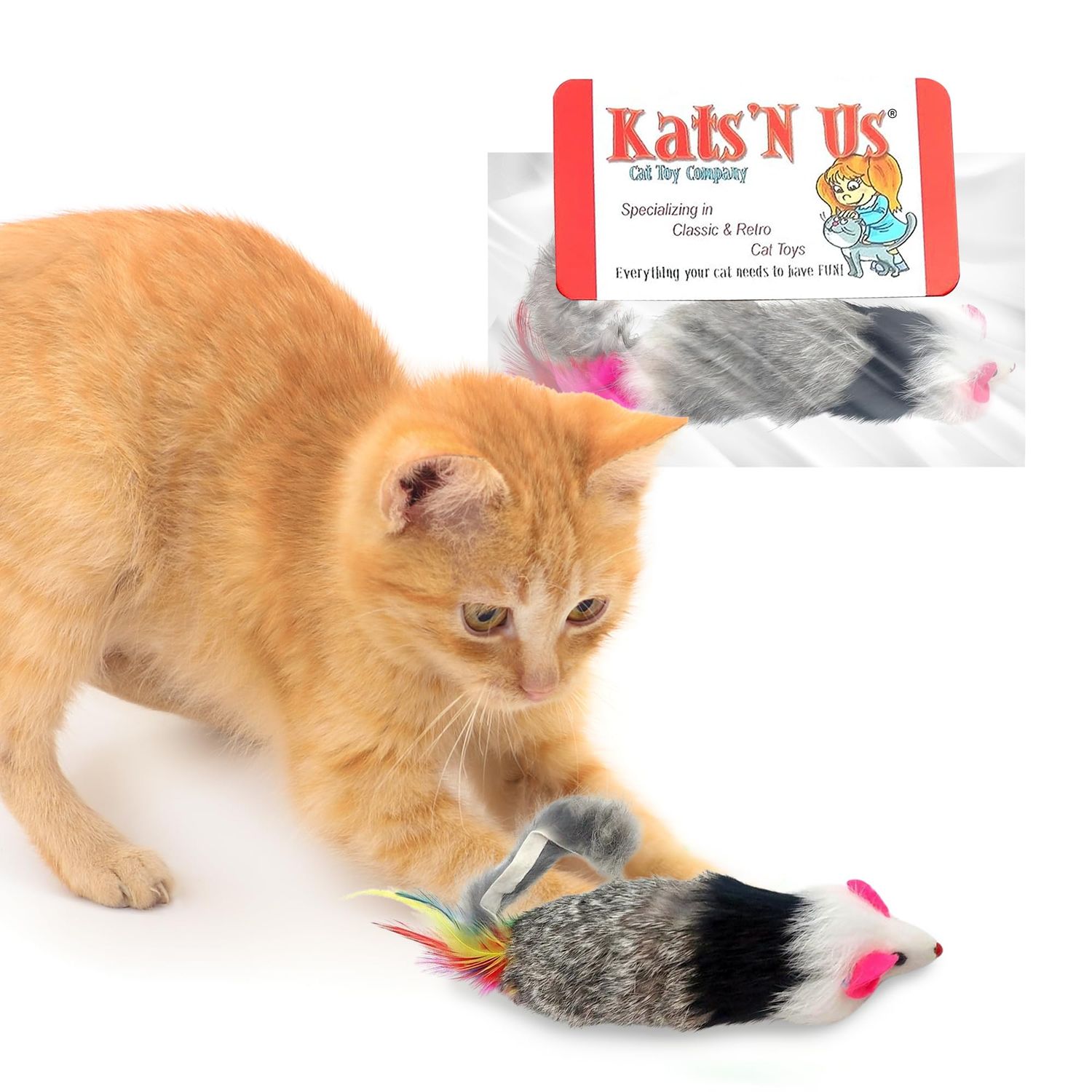 Kats'N Us Dat Darn Ferret with Feathers Real Rabbit Fur Cat Toy- Furry Cat Toys, Cat Stuffed Animal, Cat Entertainment for Indoor Cats and Kittens, Interactive Cat Toys - 10 Inches