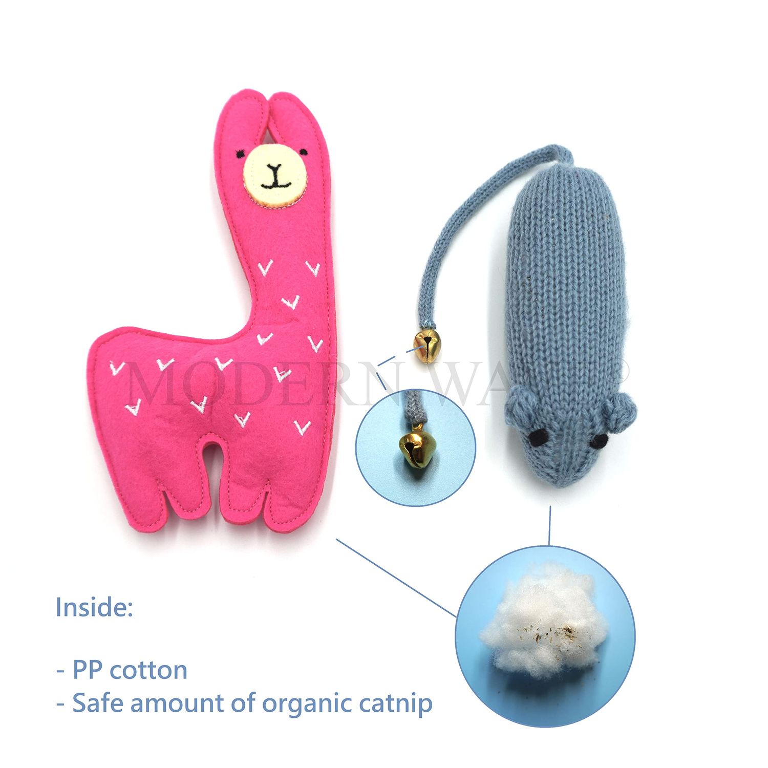 MODERN WAVE - Catnip Handmade Kittens Cats Toys Collection in Gift 4-Pack Box (Felted Fish, Lama, Knitted Mouse with Bell, Cat Heart Teaser)