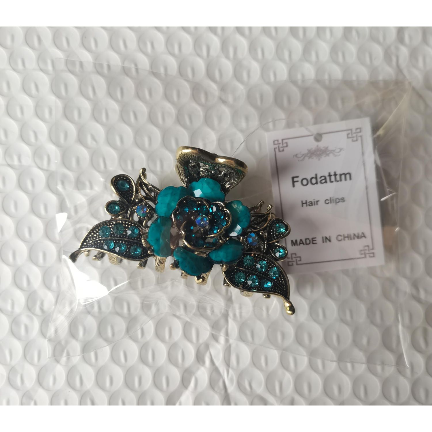 Fodattm Women Lady Retro Rose Flower Imitation Turquoise Hair Claw Clip Vintage Alloy Rhinestone Non-Slip Hair Jaw Clips Hairpin Hair Clamp (Blue)