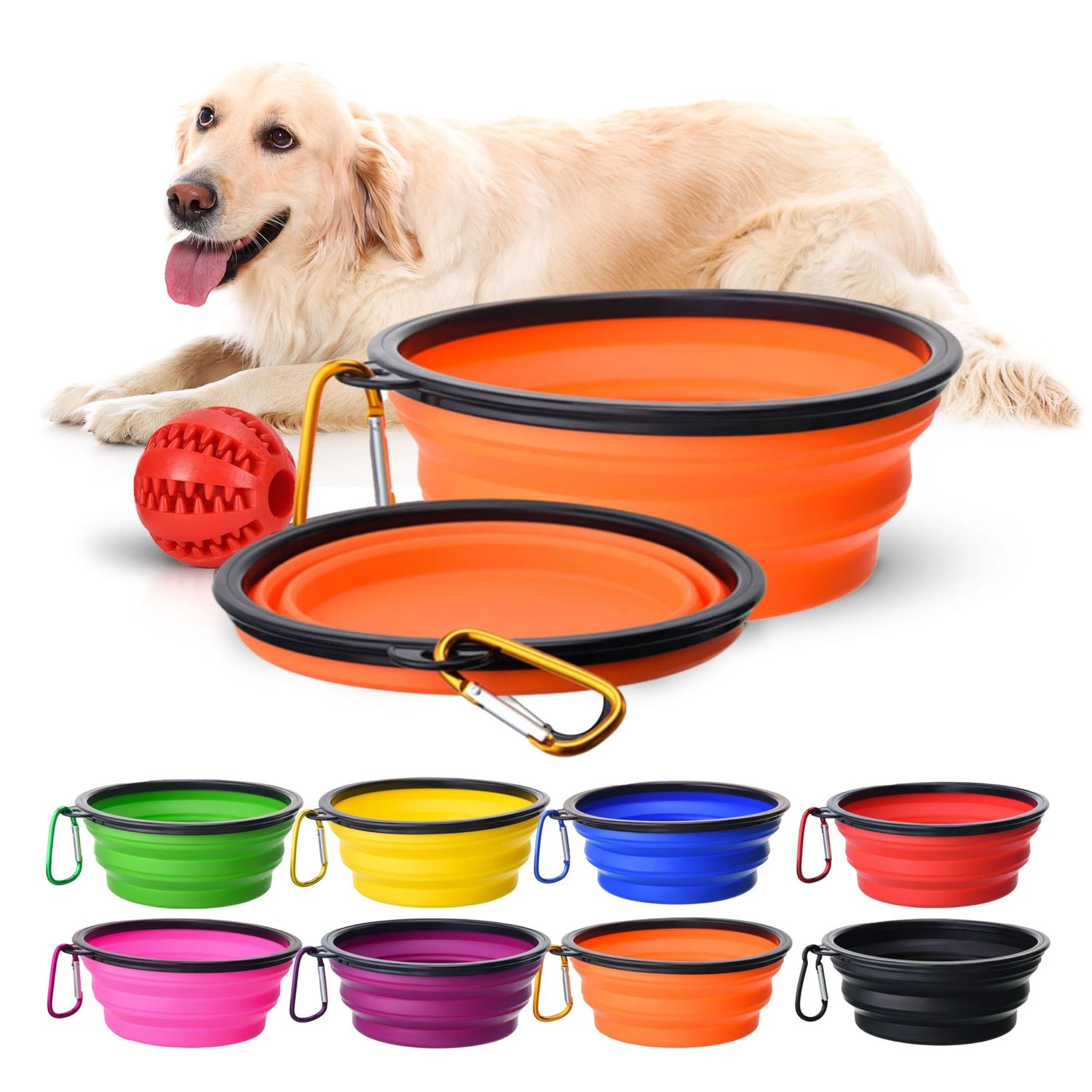 Generic Collapsible dog bowls, 350 ml | Orange Travel Bowls | 2 Pack Portable Water Fountain for Dogs, Cats and Pets with 2 Carabiners | and toy ball for dogs and cats | BPA free