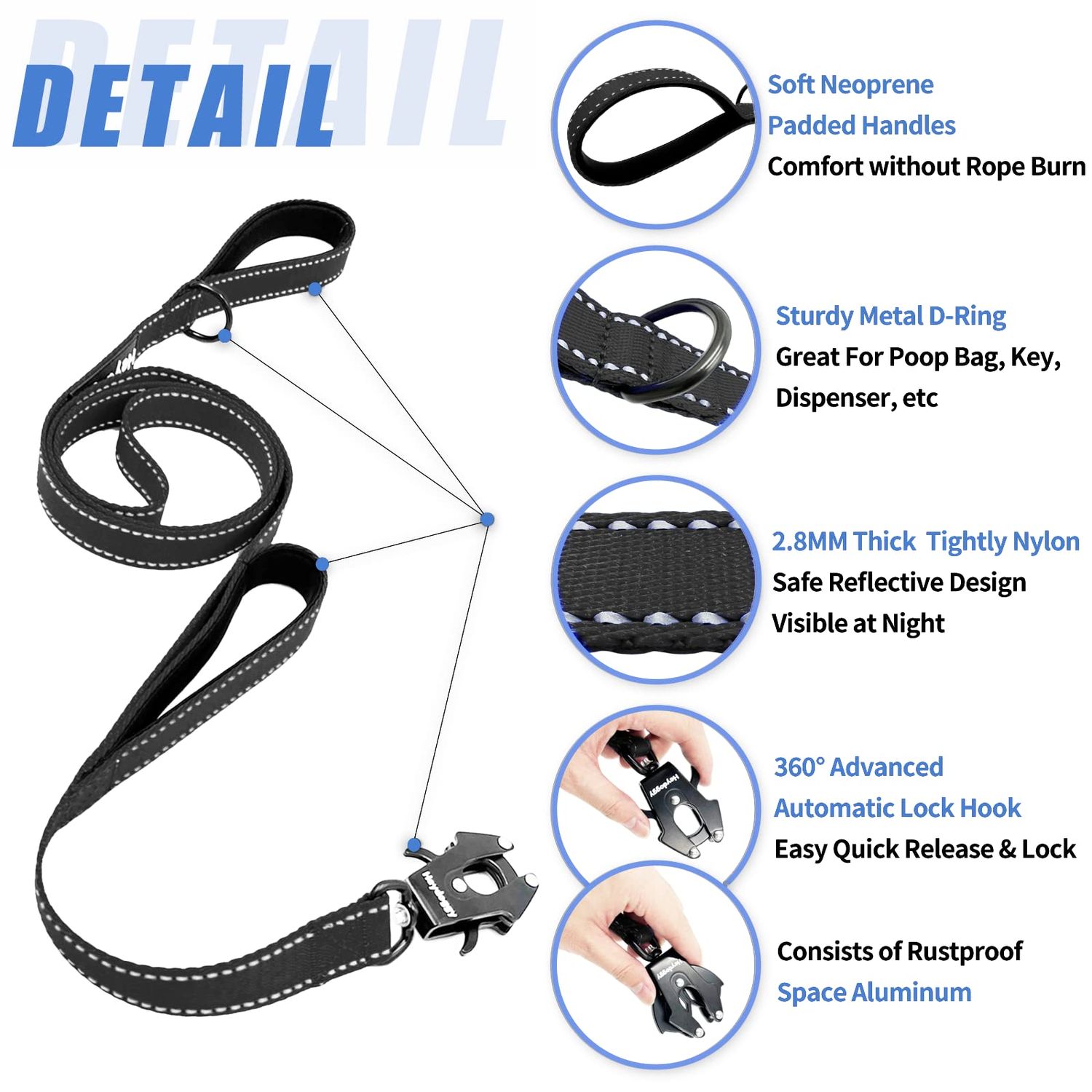 Strong Heavy Duty Dog Leash - 6ft Reflective Nylon Training Leash with Soft Padded Double Handle & Auto Lock Frog Clip - Safety Traffic Control for Large Medium Small Dogs No Pull Walk Black Black,6ft