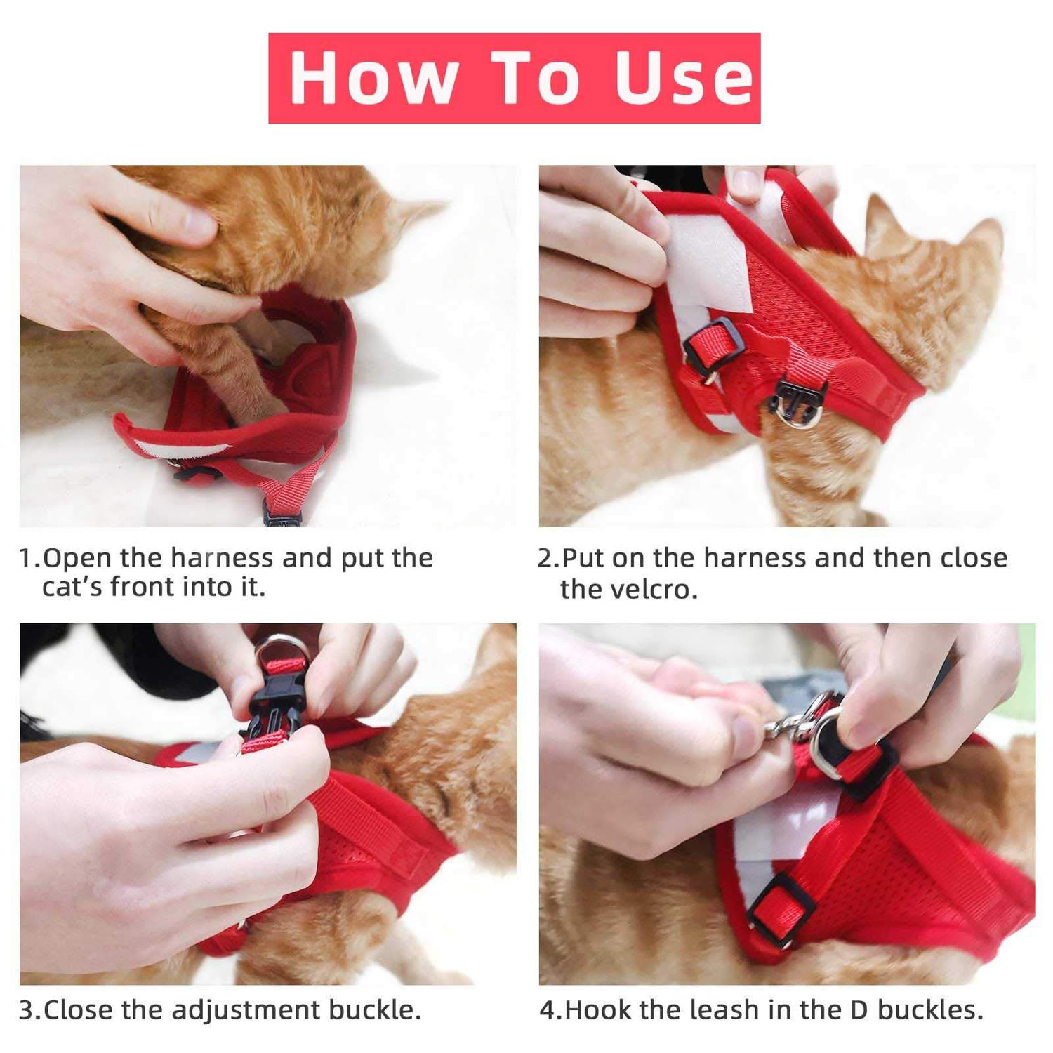 Cat Vest Harness and Small Dog Vest Harness for Walking, All Weather Mesh Harness, Cat Vest Harness with Reflective Strap, Step in Adjustable Harness for Small Cats (Red, XS)