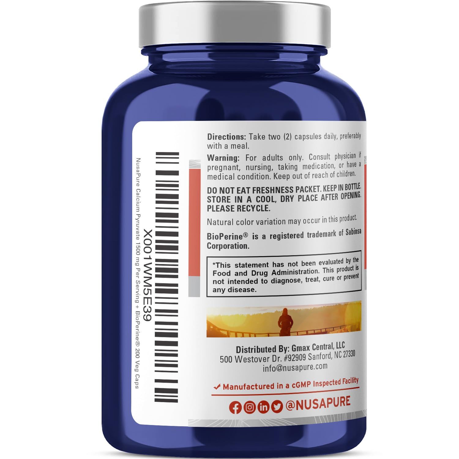 NusaPure Calcium Pyruvate 1500mg 200 Vegetarian Caps (Non-GMO, Vegan) - 750mg per caps