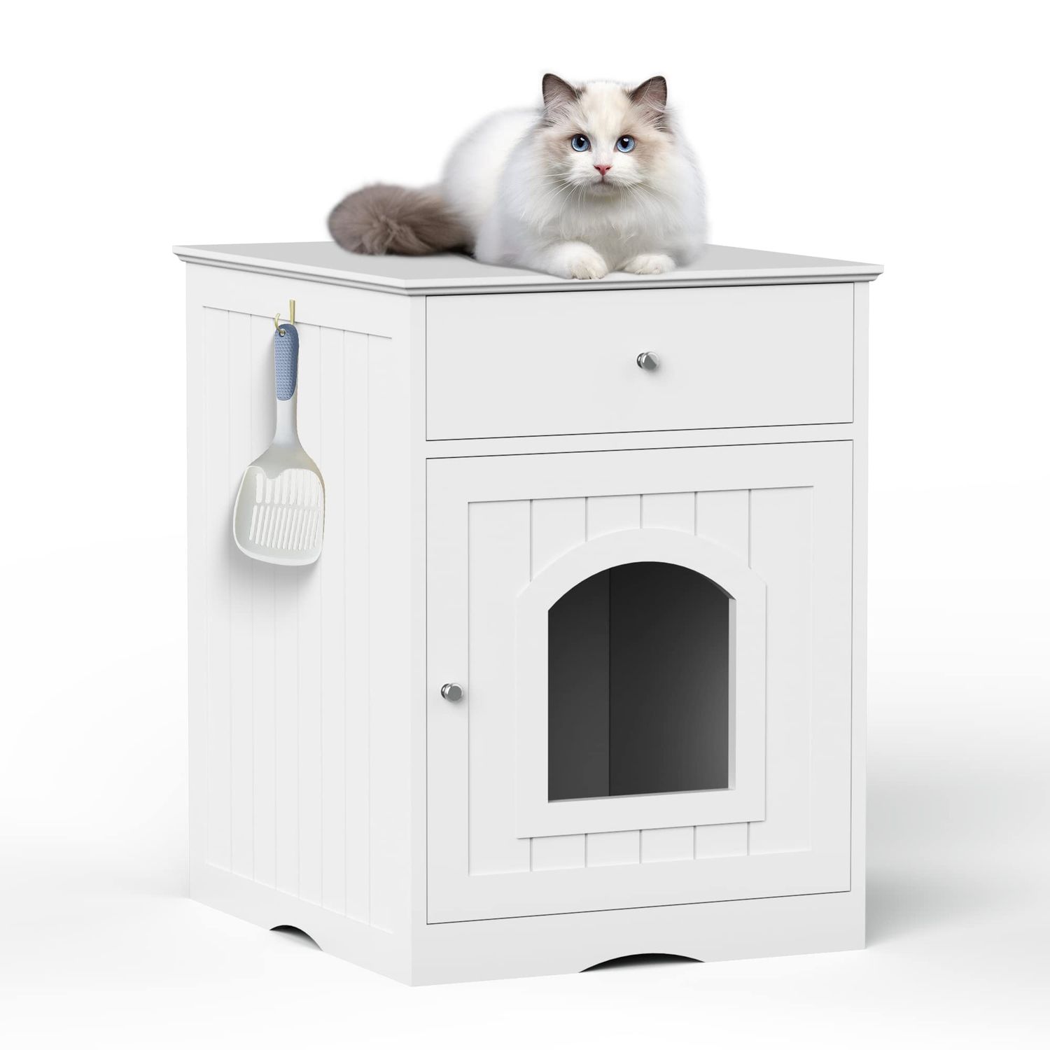 Donext Wood Cat House & Side Table with Drawer, Cat Home Covered Nightstand, Indoor Pet Crate, Litter Box Enclosure, Hooded Hidden Pet Box, Cats Furniture Cabinet, Kitty Washroom, White