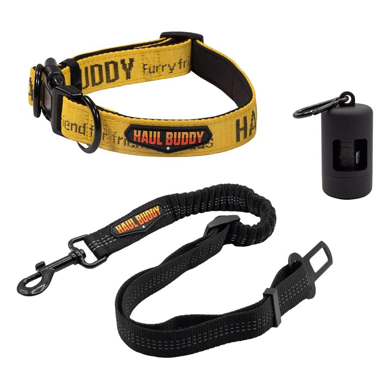 Mytee Products Medium Breed Adjustable Dog Collar, Nylon Car Seat Belt Harness, and Poop Bag Holder Set for Male Female Dogs - Neoprene Padded Collar, Leak-Proof Waste Bag Dispenser