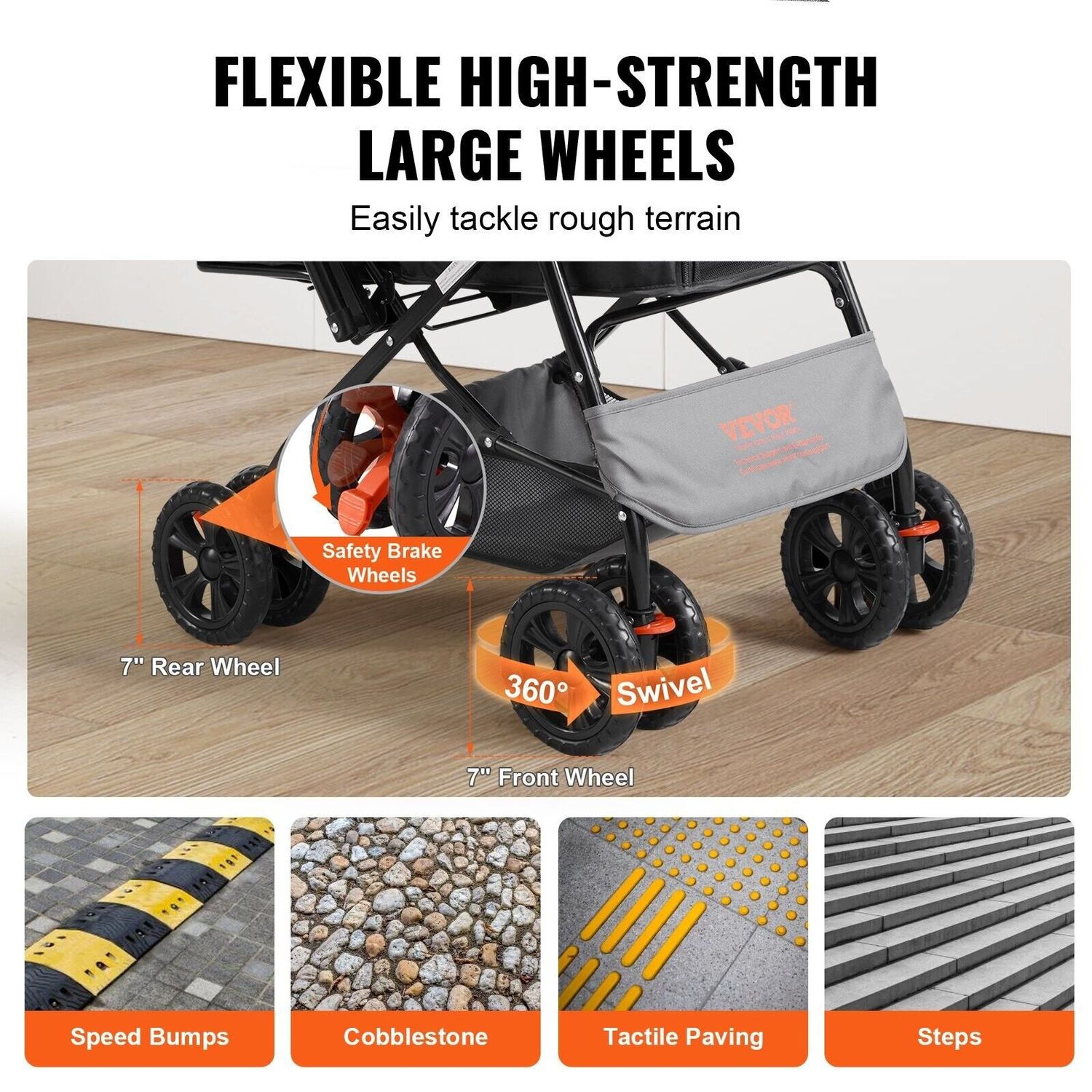 4-Wheel Pet Stroller 44lb Capacity Reversible Handle Storage Basket Travel Brake